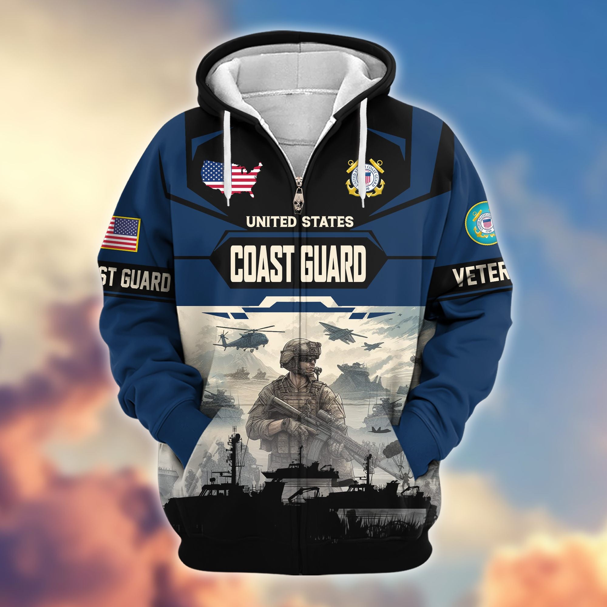 Premium US Veterans Zip Hoodie, Gifts For US Veterans, Gifts On Father's Day, Veterans Day.