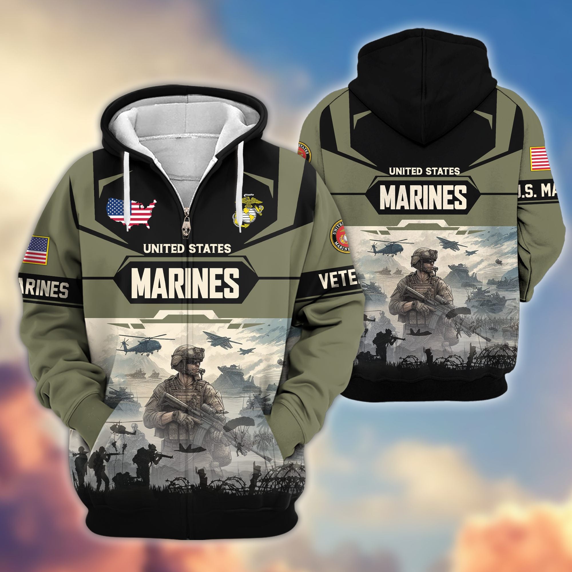 Premium US Veterans Zip Hoodie, Gifts For US Veterans, Gifts On Father's Day, Veterans Day.