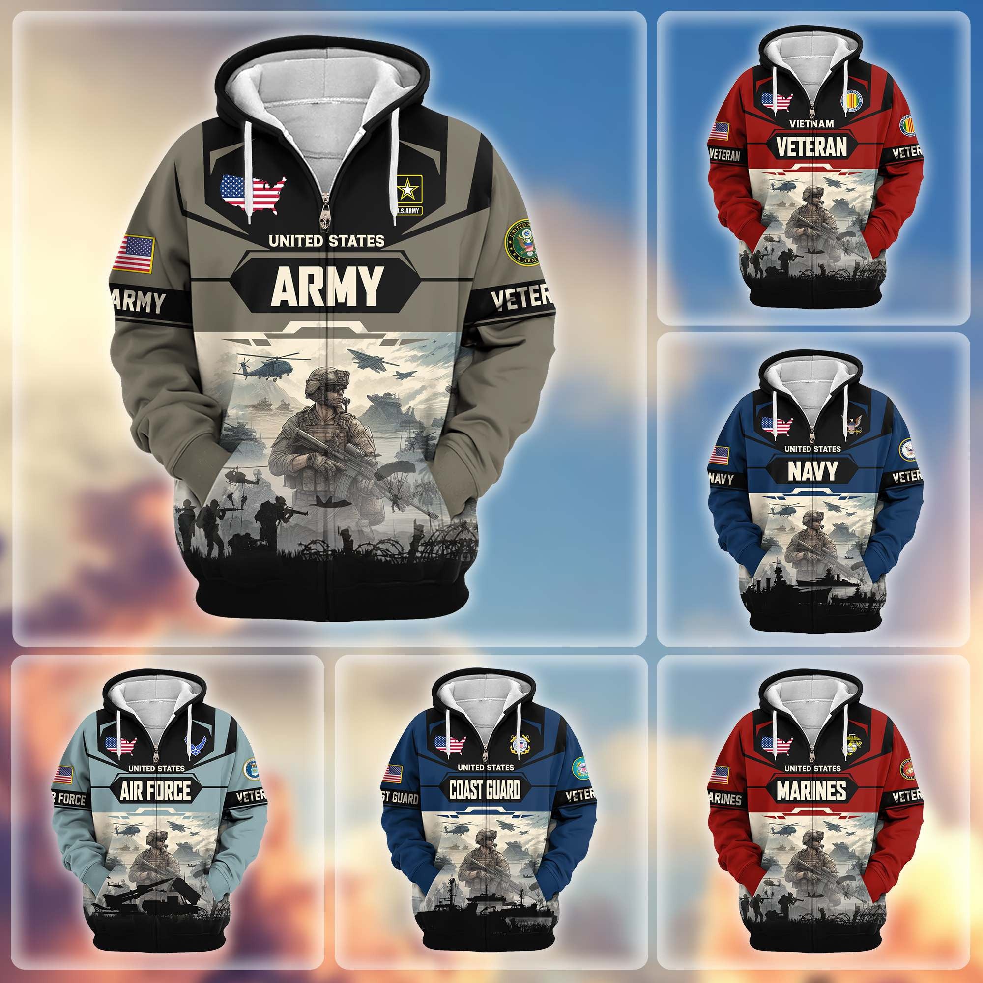Premium US Veterans Zip Hoodie, Gifts For US Veterans, Gifts On Father's Day, Veterans Day.