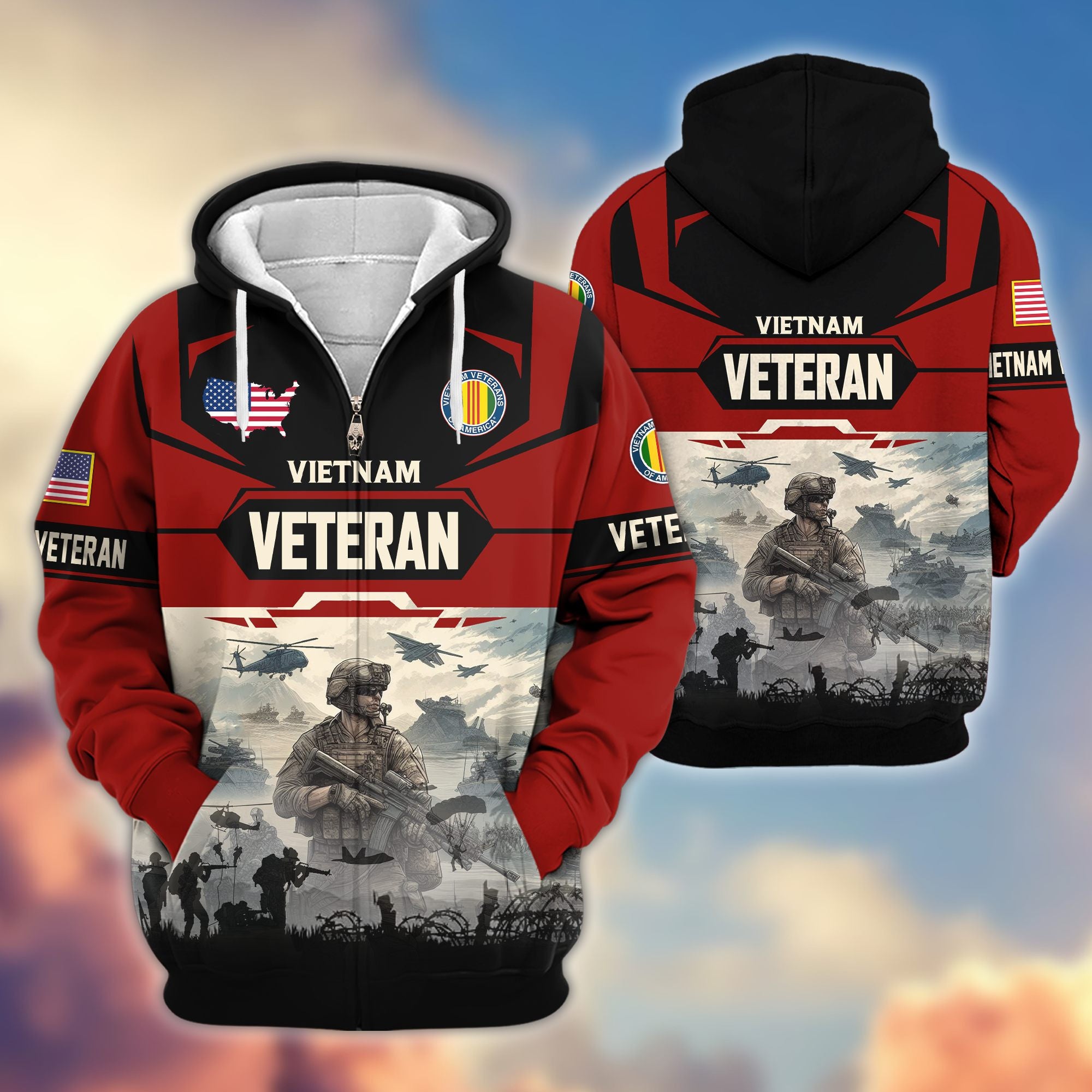 Premium US Veterans Zip Hoodie, Gifts For US Veterans, Gifts On Father's Day, Veterans Day.