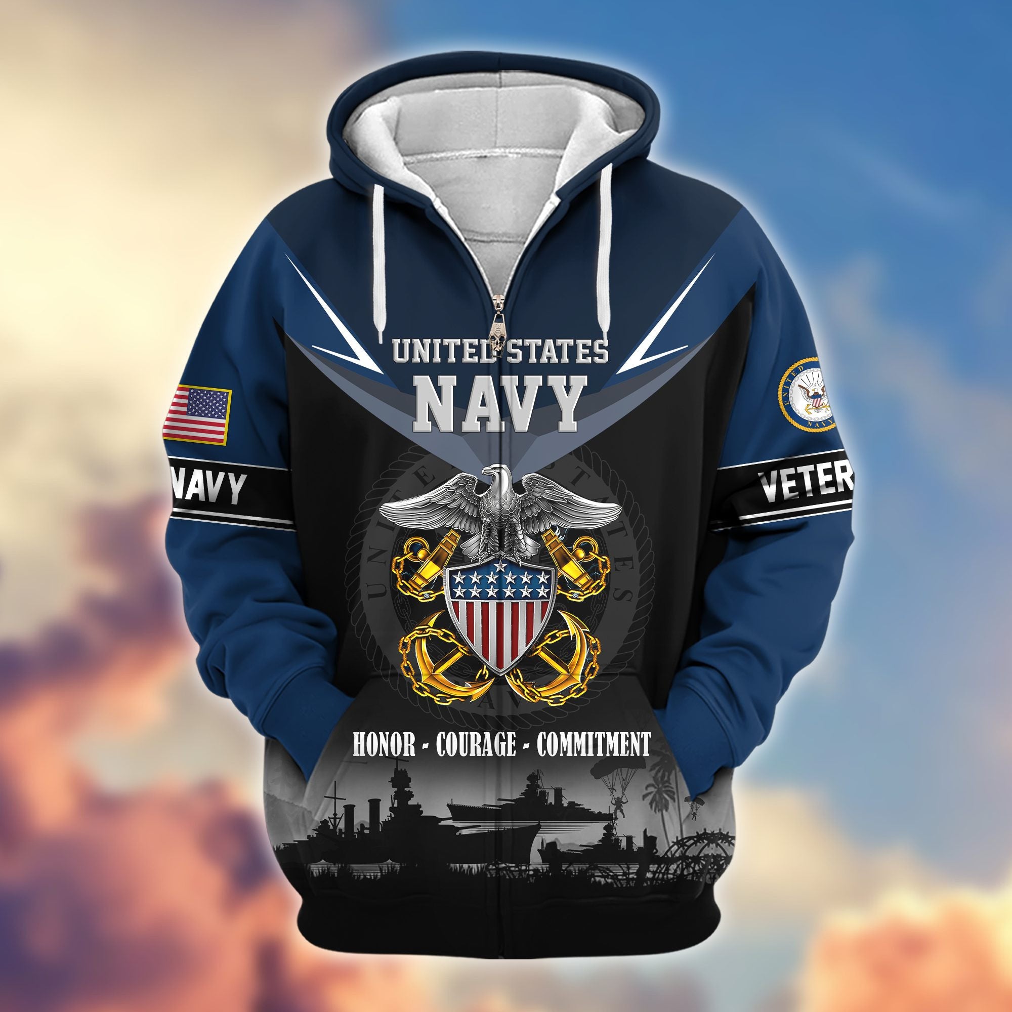 Premium US Veterans Zip Hoodie, Gifts For US Veterans, Gifts On Father's Day, Veterans Day.