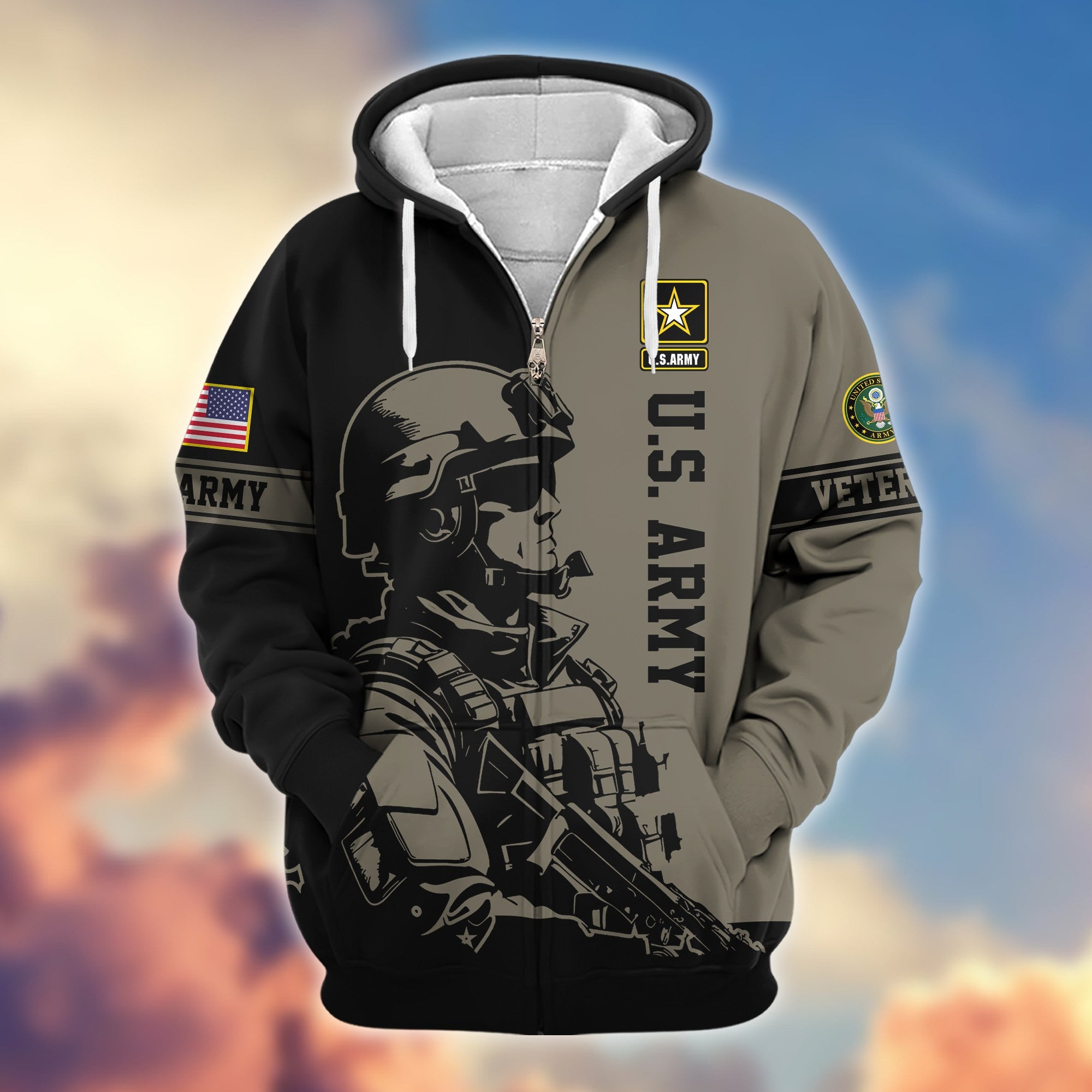 Premium US Veterans Zip Hoodie, Gifts For US Veterans, Gifts On Father's Day, Veterans Day.