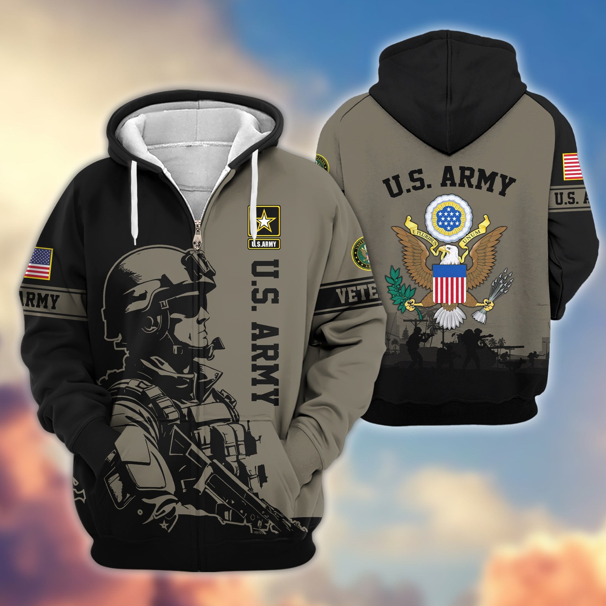 Premium US Veterans Zip Hoodie, Gifts For US Veterans, Gifts On Father's Day, Veterans Day.