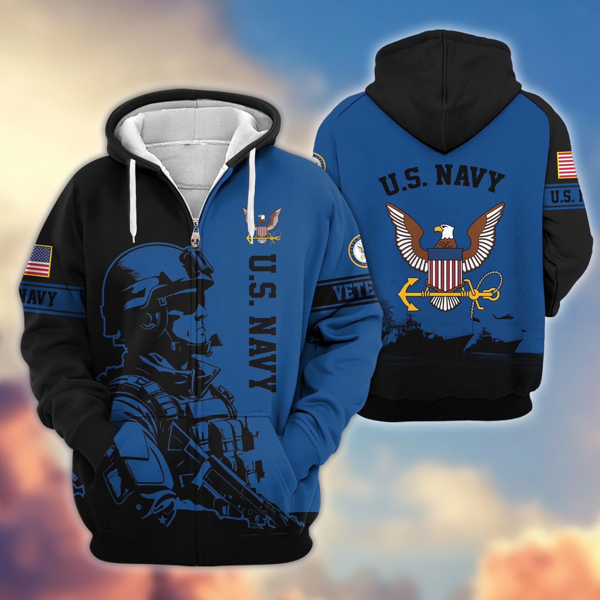 Premium US Veterans Zip Hoodie, Gifts For US Veterans, Gifts On Father's Day, Veterans Day.