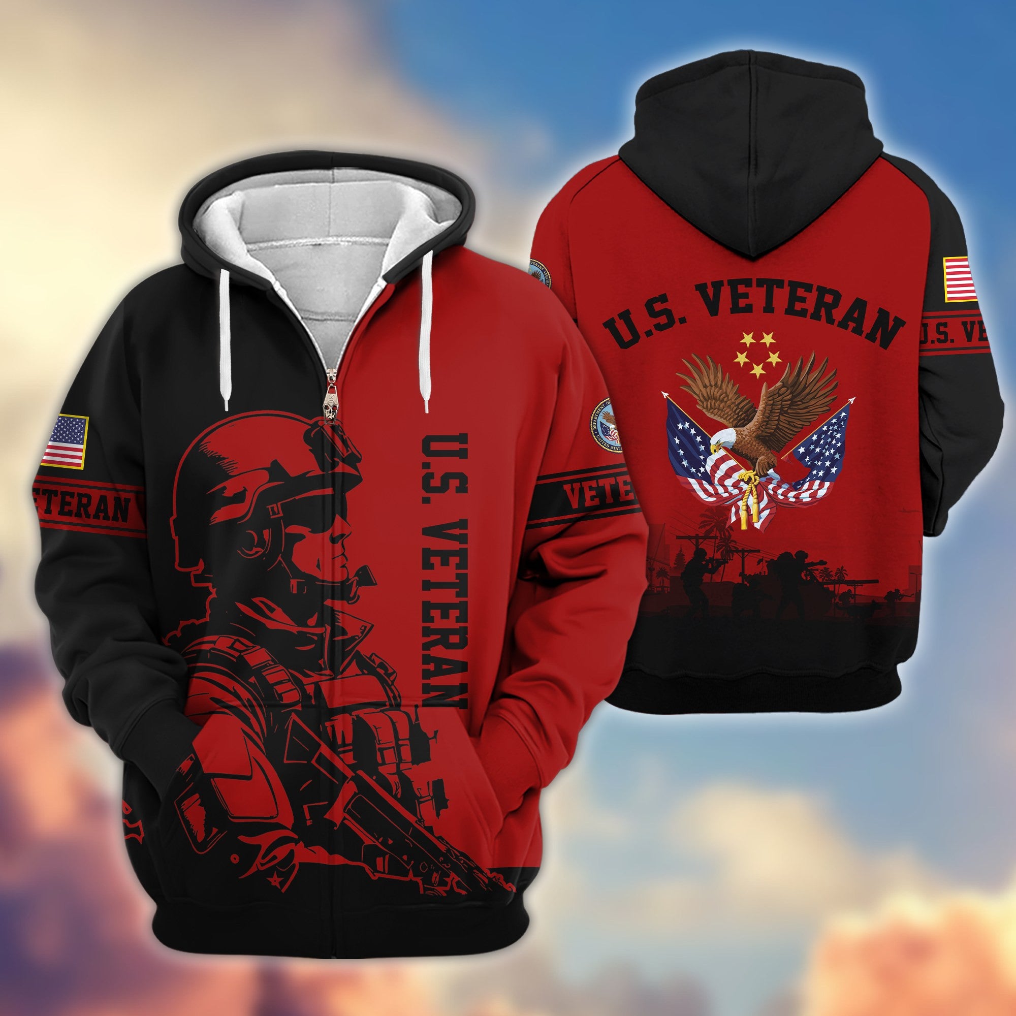 Premium US Veterans Zip Hoodie, Gifts For US Veterans, Gifts On Father's Day, Veterans Day.