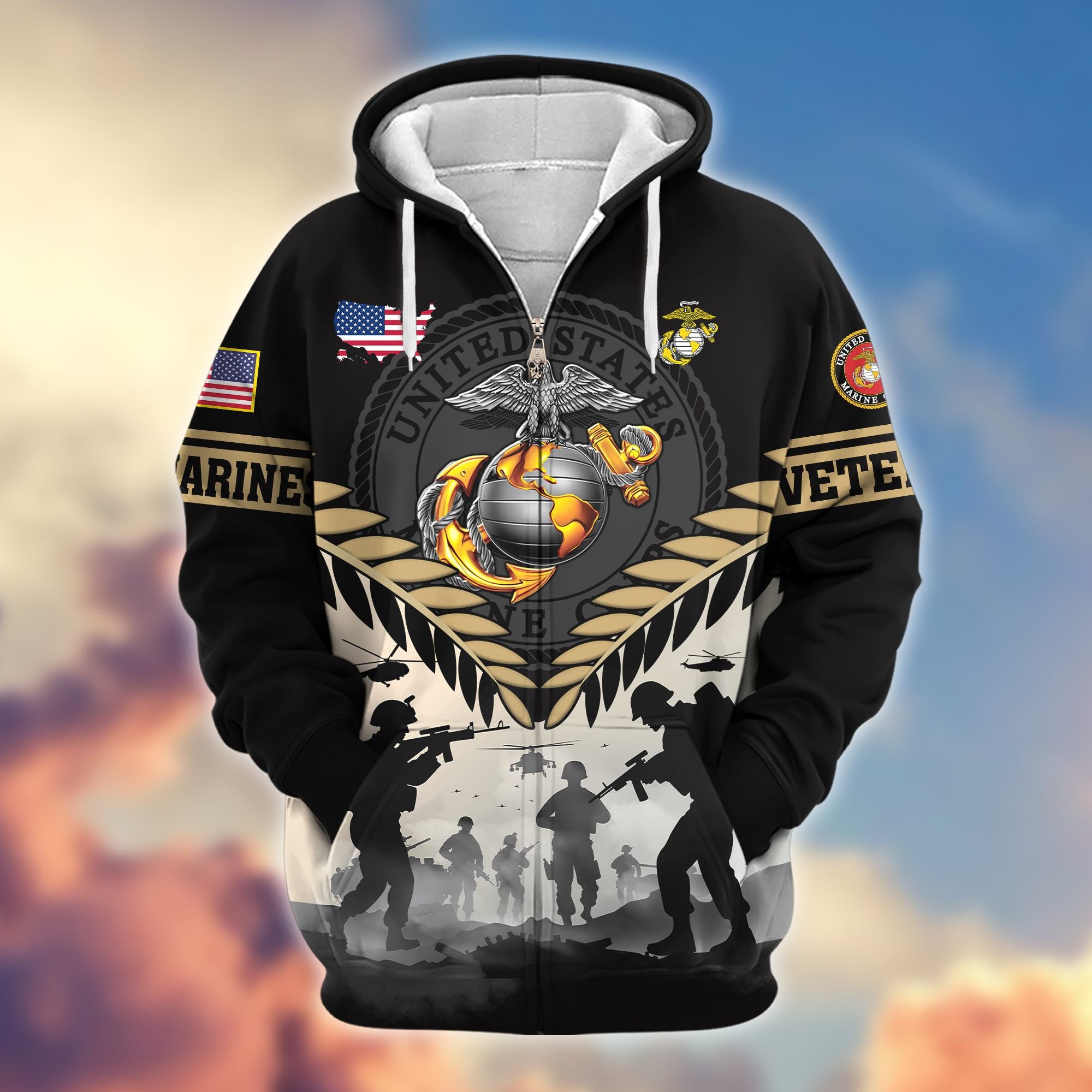 Premium US Veterans Zip Hoodie, Gifts For US Veterans, Gifts On Father's Day, Veterans Day.