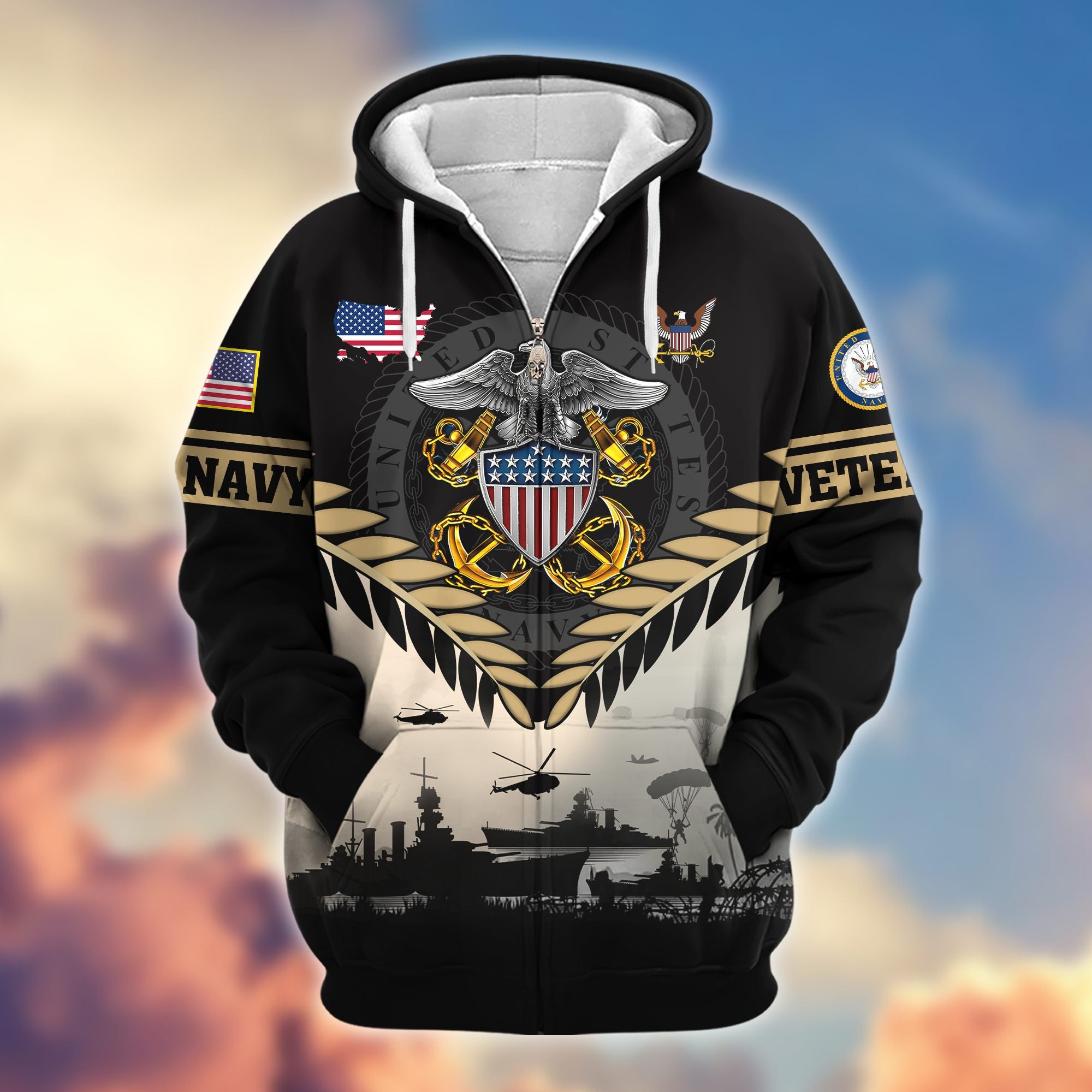 Premium US Veterans Zip Hoodie, Gifts For US Veterans, Gifts On Father's Day, Veterans Day.
