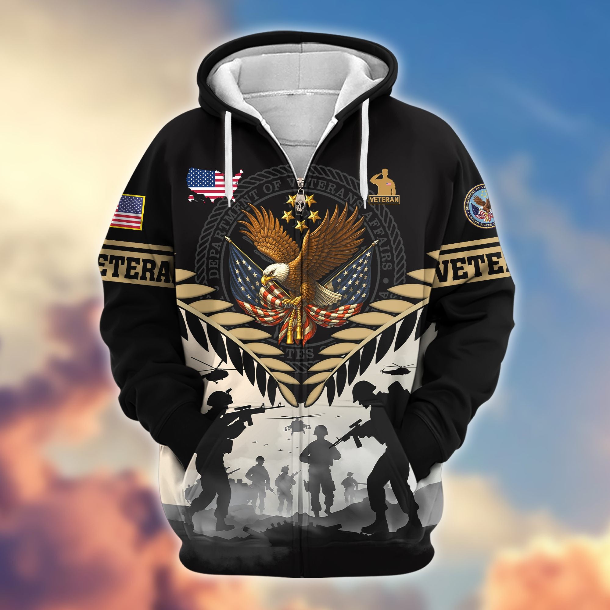 Premium US Veterans Zip Hoodie, Gifts For US Veterans, Gifts On Father's Day, Veterans Day.