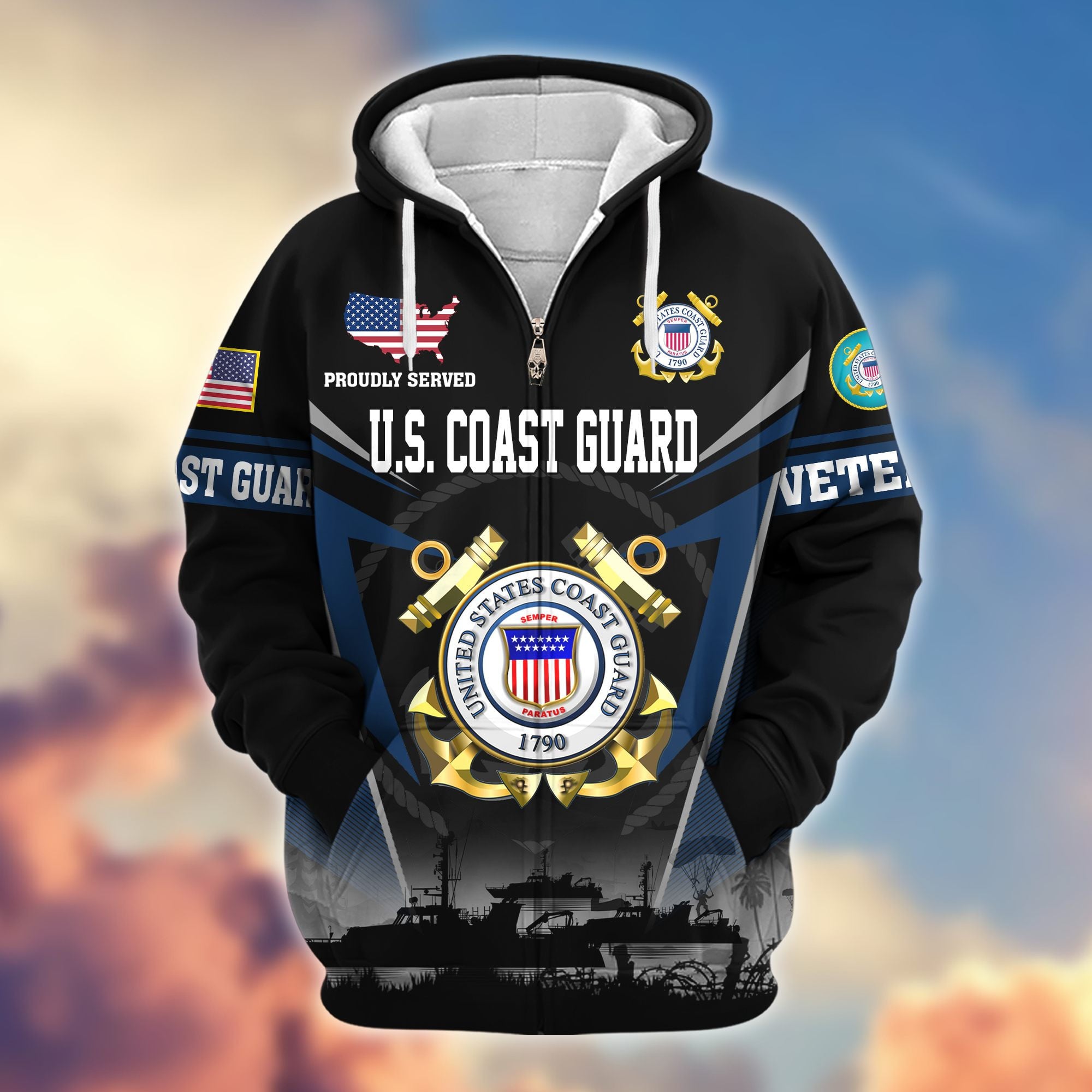 Premium US Veterans Zip Hoodie, Gifts For US Veterans, Gifts On Father's Day, Veterans Day.