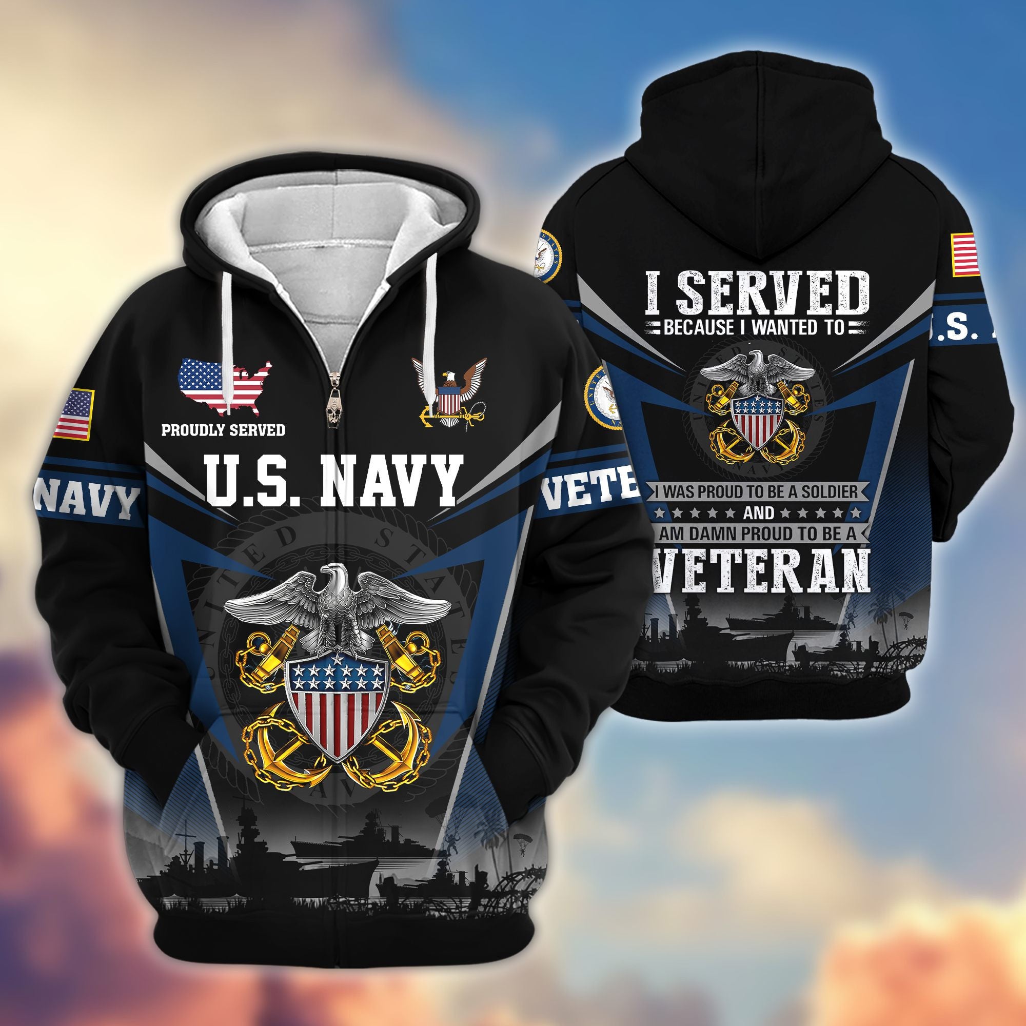 Premium US Veterans Zip Hoodie, Gifts For US Veterans, Gifts On Father's Day, Veterans Day.