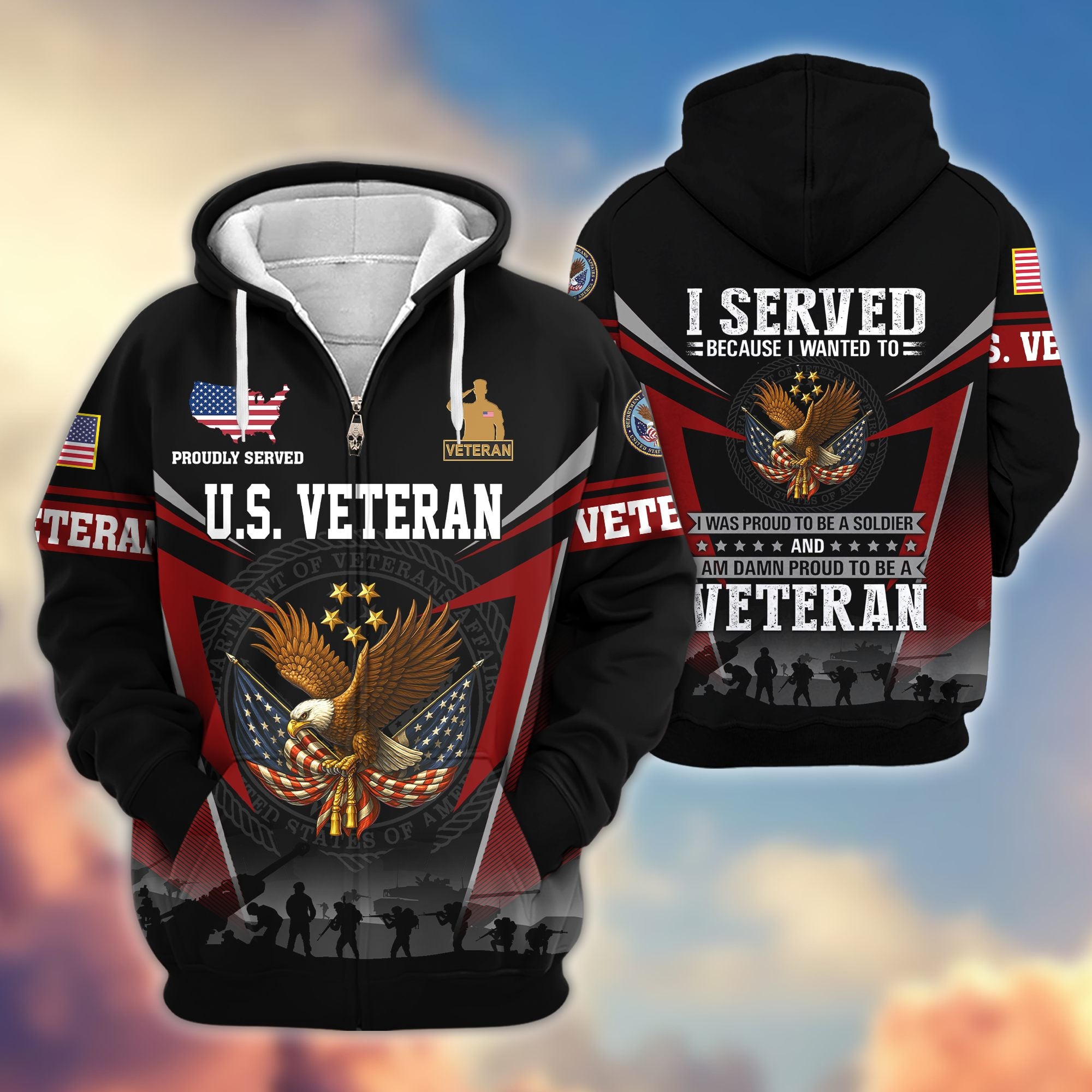 Premium US Veterans Zip Hoodie, Gifts For US Veterans, Gifts On Father's Day, Veterans Day.