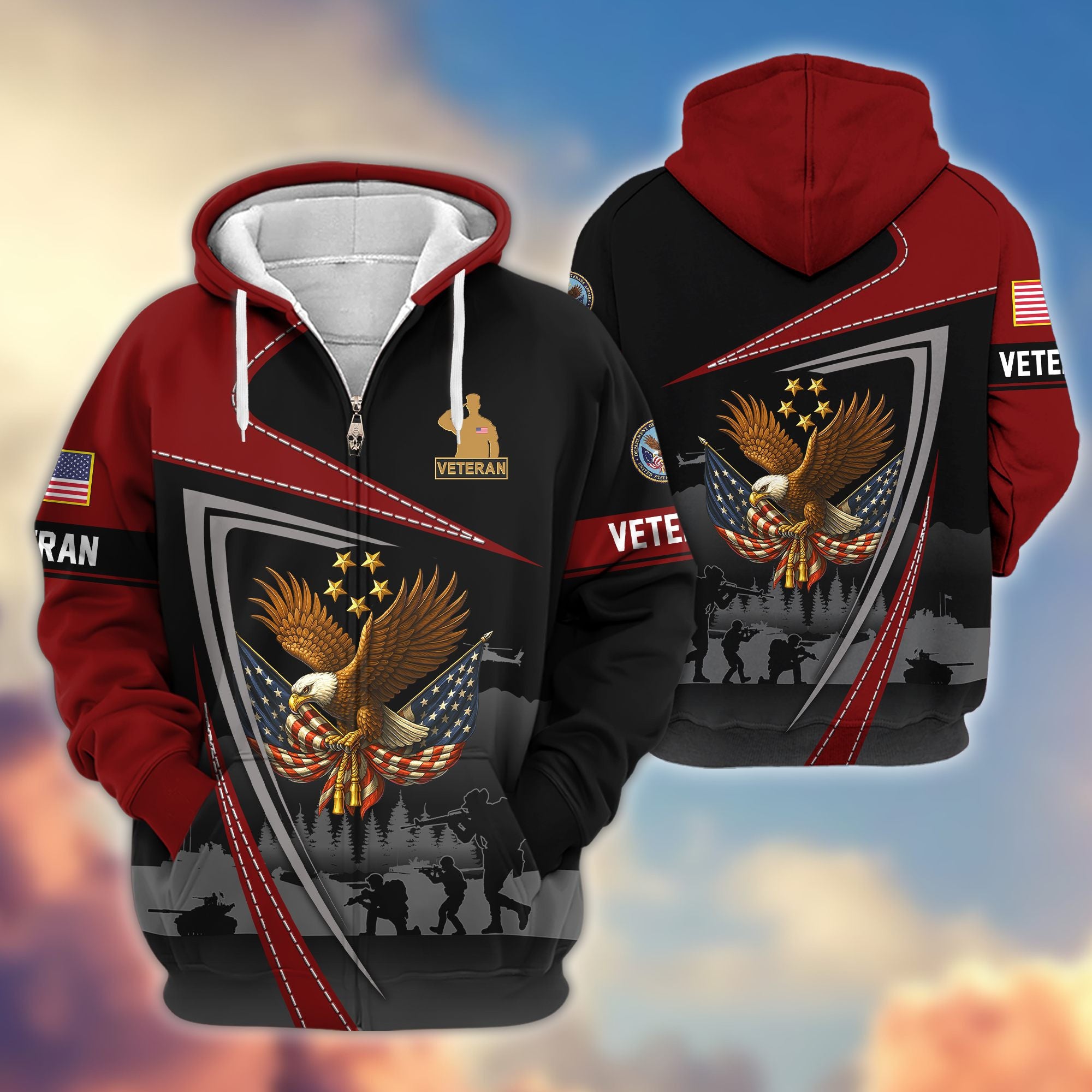 Premium US Veterans Zip Hoodie, Gifts For US Veterans, Gifts On Father's Day, Veterans Day.