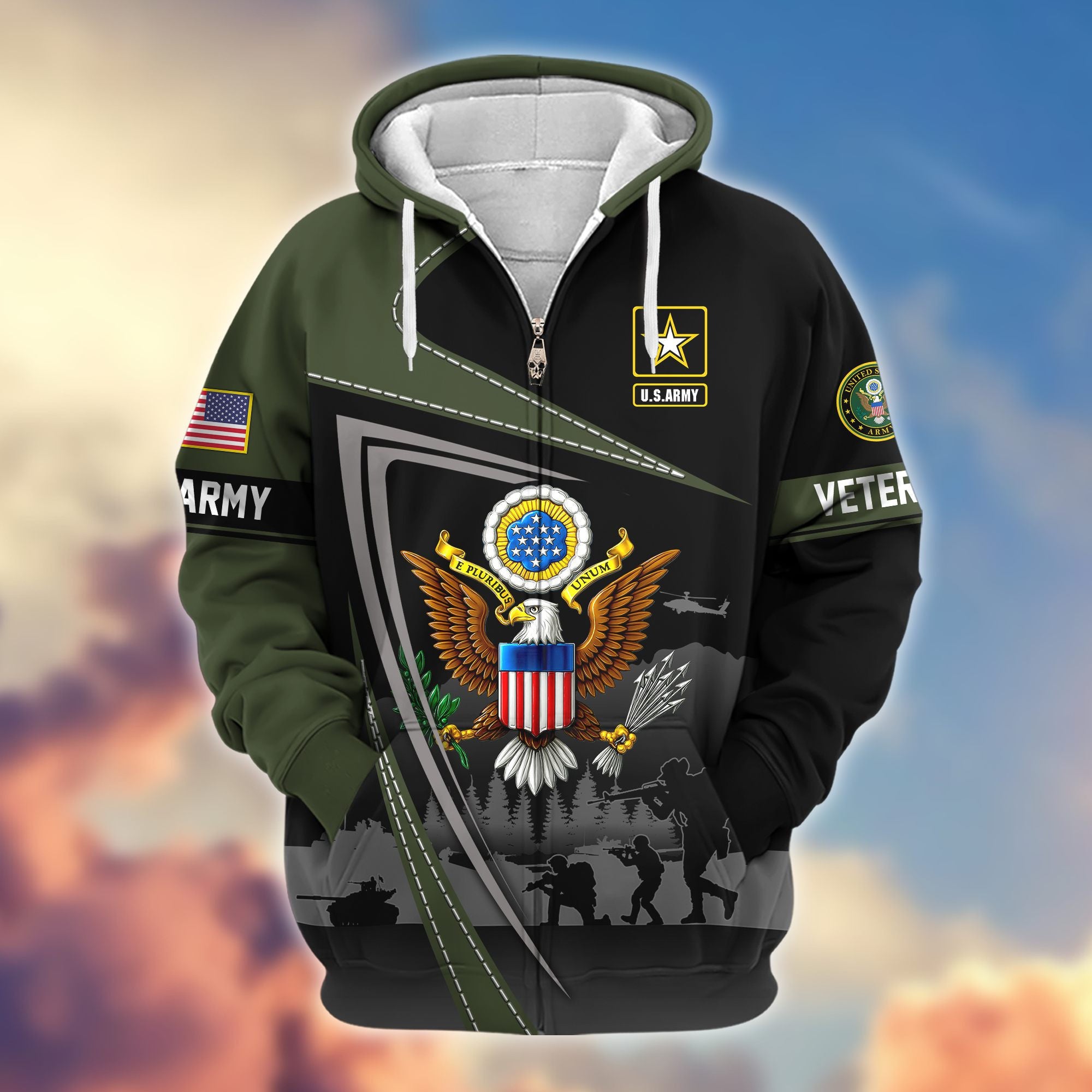 Premium US Veterans Zip Hoodie, Gifts For US Veterans, Gifts On Father's Day, Veterans Day.