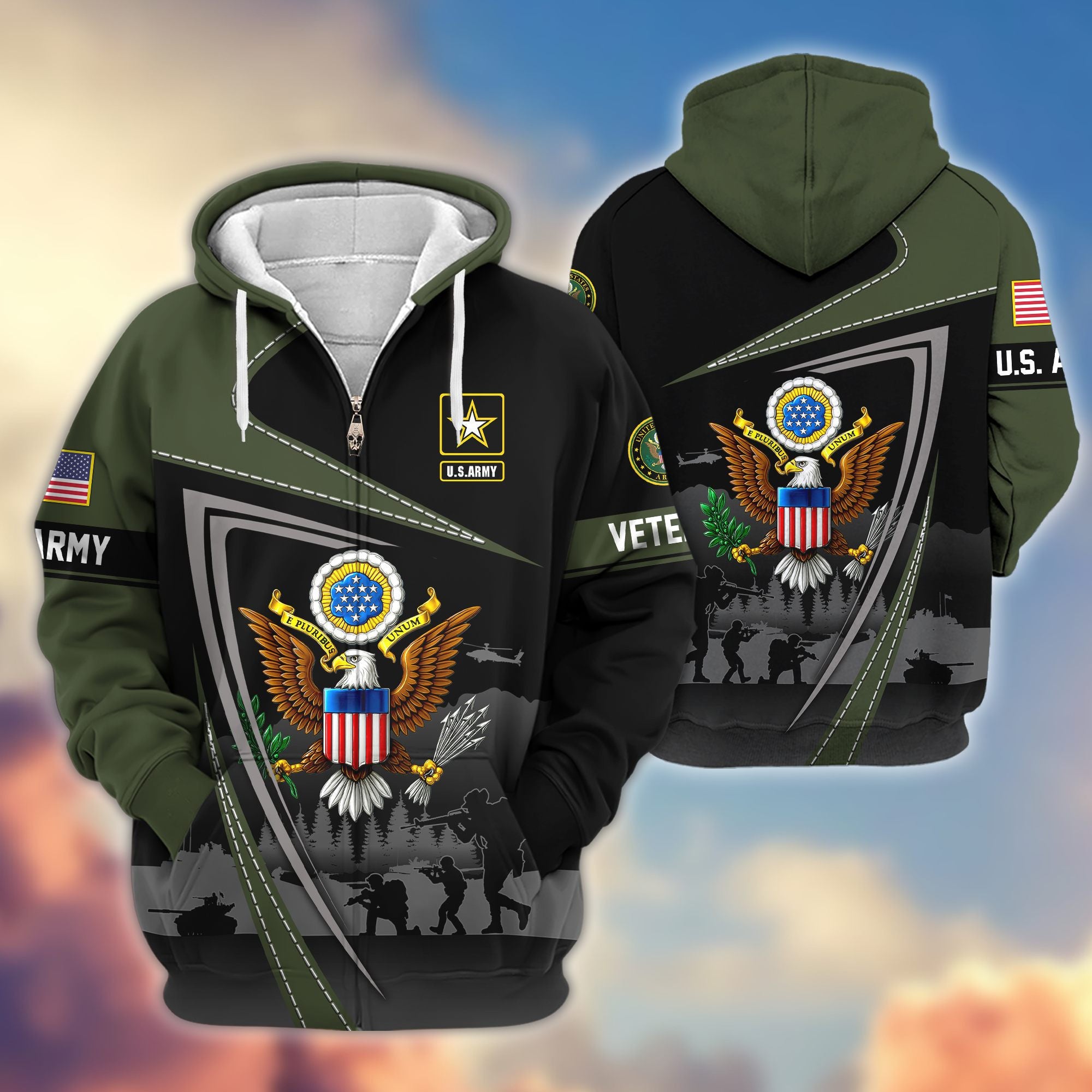 Premium US Veterans Zip Hoodie, Gifts For US Veterans, Gifts On Father's Day, Veterans Day.