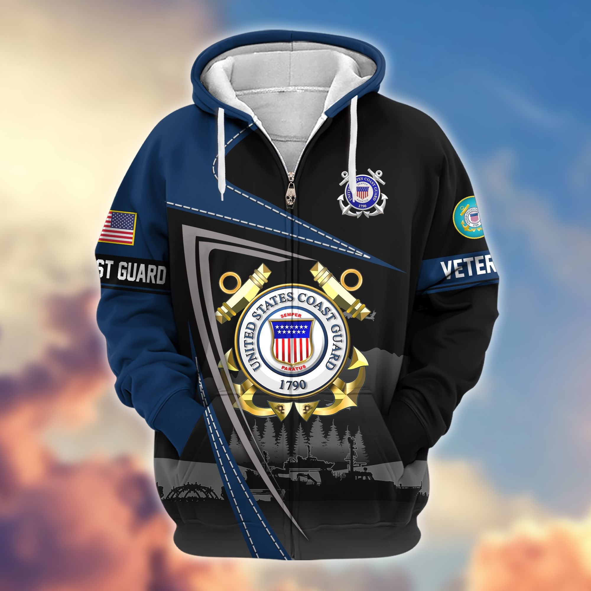 Premium US Veterans Zip Hoodie, Gifts For US Veterans, Gifts On Father's Day, Veterans Day.