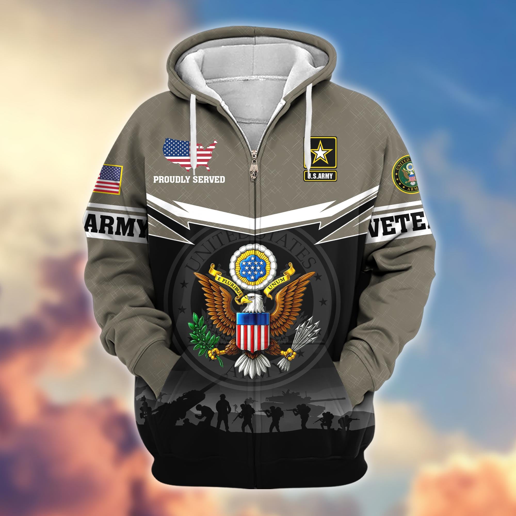 Premium US Veterans Zip Hoodie, Gifts For US Veterans, Gifts On Father's Day, Veterans Day.