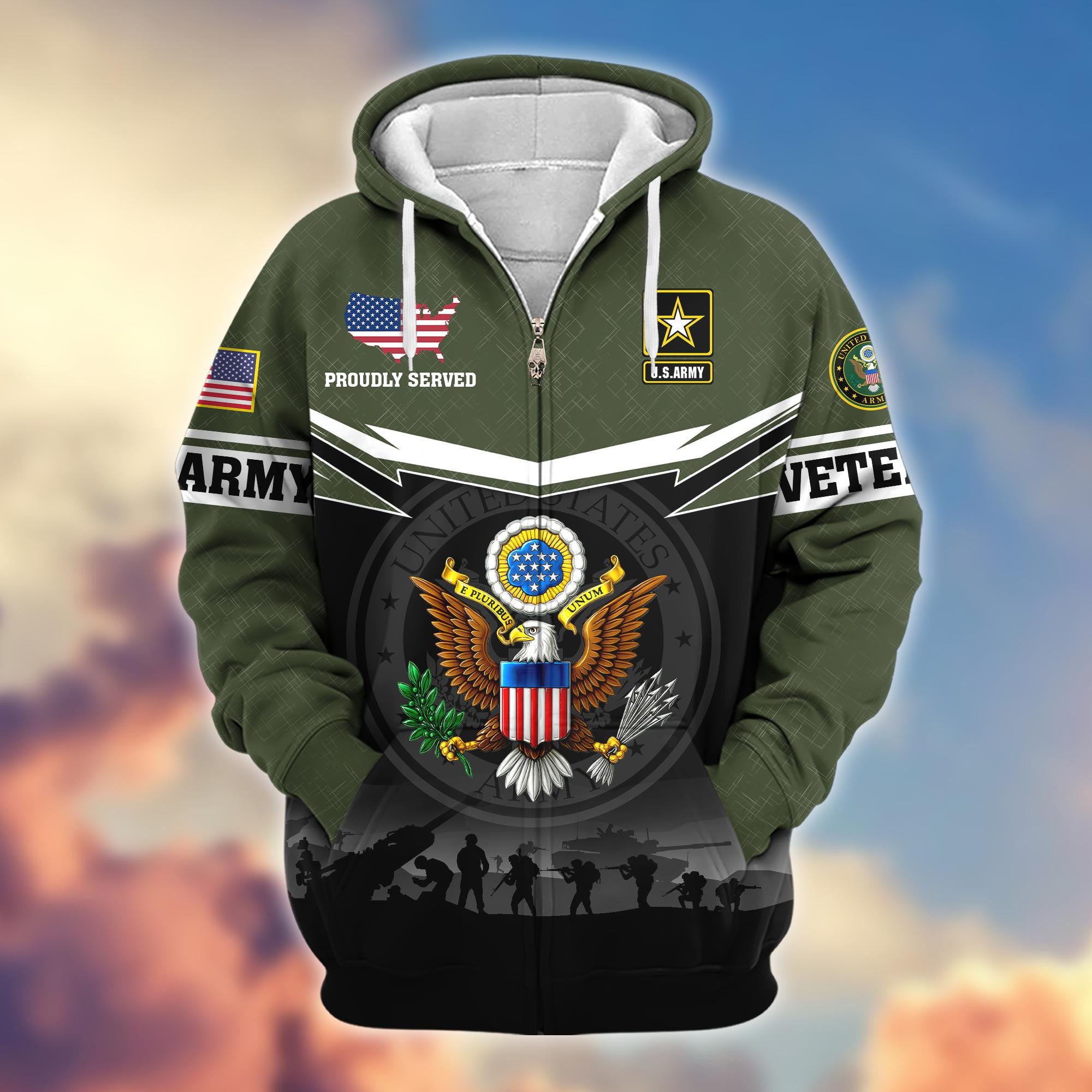 Premium US Veterans Zip Hoodie, Gifts For US Veterans, Gifts On Father's Day, Veterans Day.