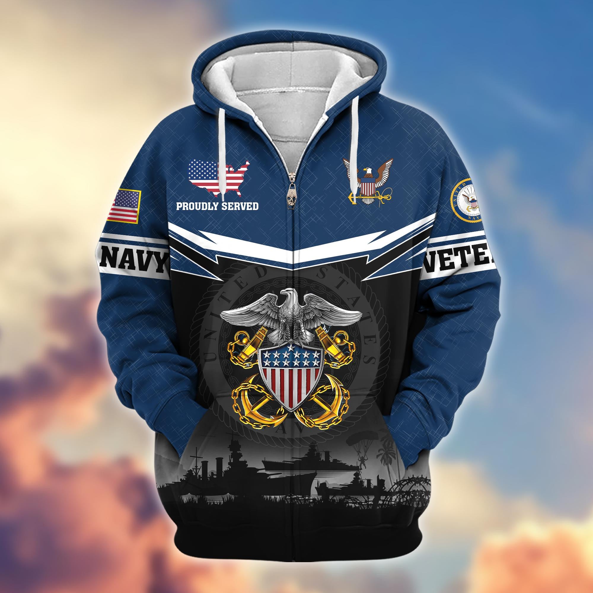 Premium US Veterans Zip Hoodie, Gifts For US Veterans, Gifts On Father's Day, Veterans Day.