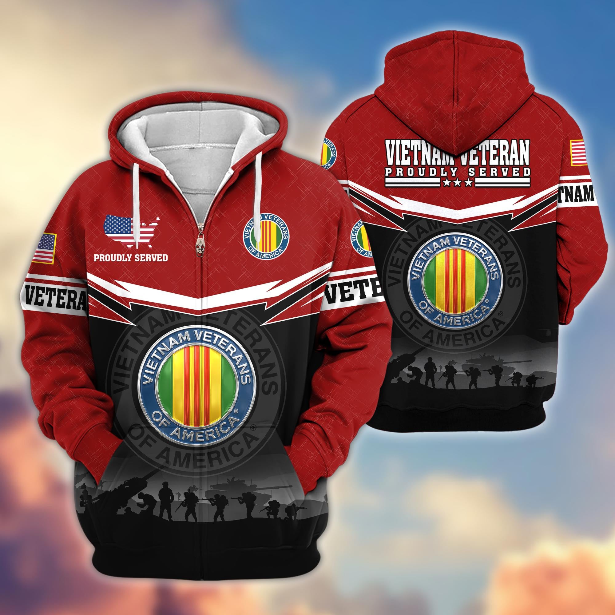 Premium US Veterans Zip Hoodie, Gifts For US Veterans, Gifts On Father's Day, Veterans Day.