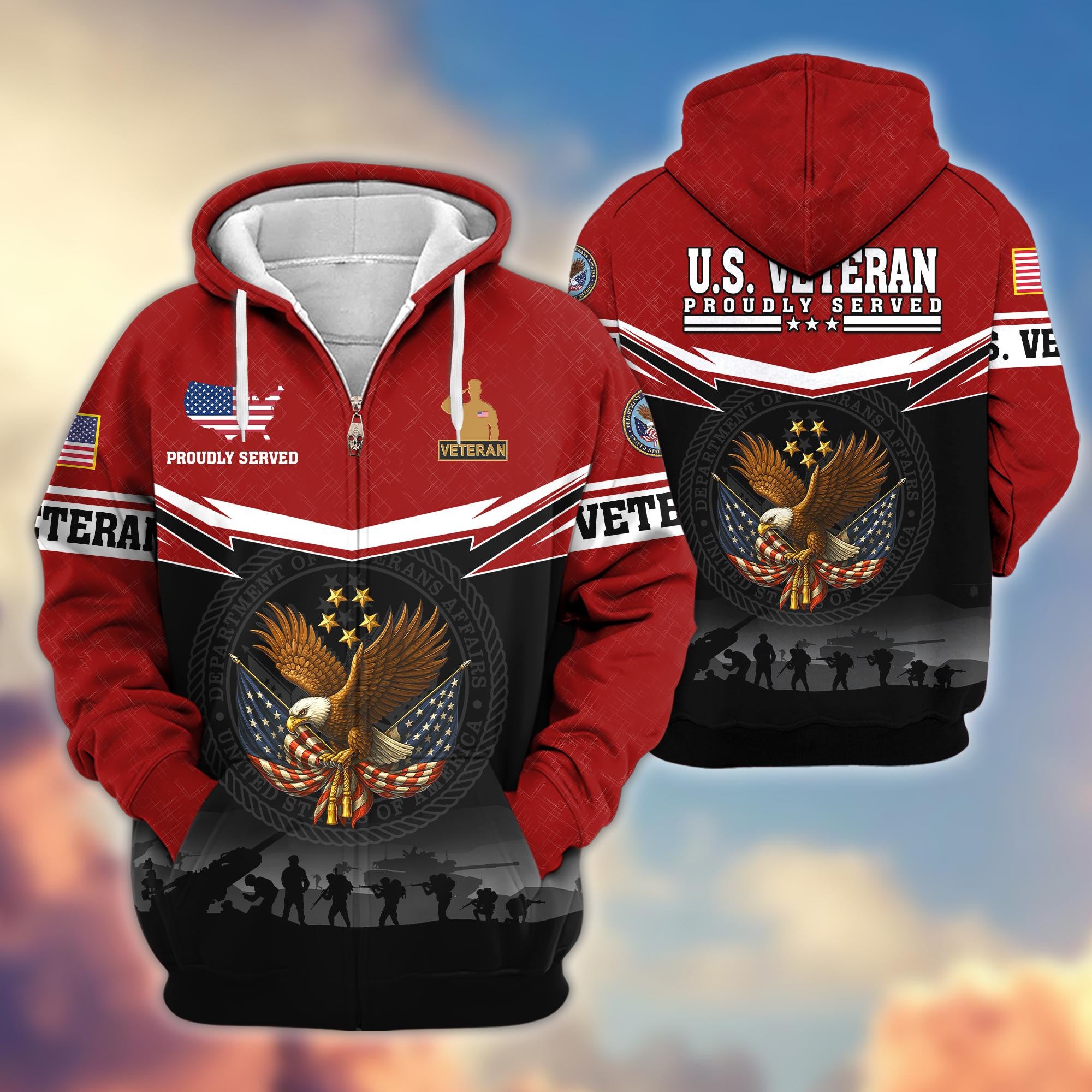 Premium US Veterans Zip Hoodie, Gifts For US Veterans, Gifts On Father's Day, Veterans Day.