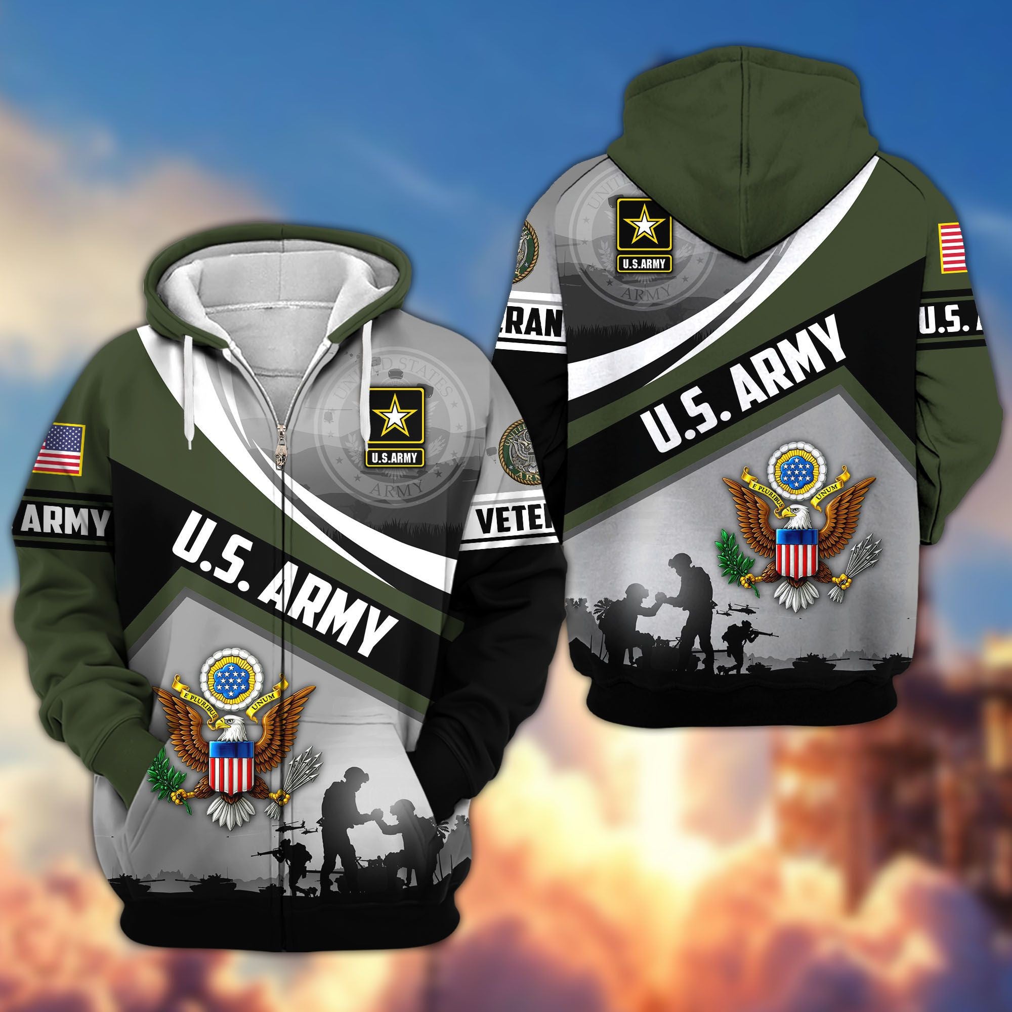 Premium US Veterans Zip Hoodie, Gifts For US Veterans, Gifts On Father's Day, Veterans Day.