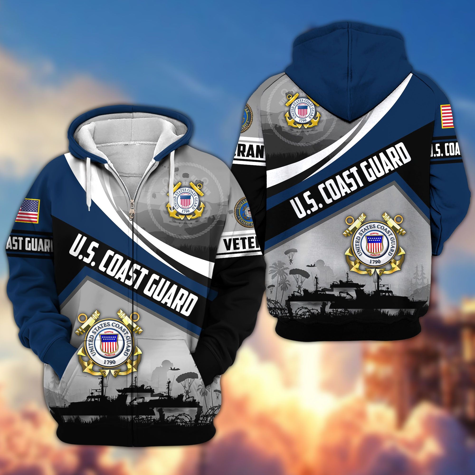 Premium US Veterans Zip Hoodie, Gifts For US Veterans, Gifts On Father's Day, Veterans Day.