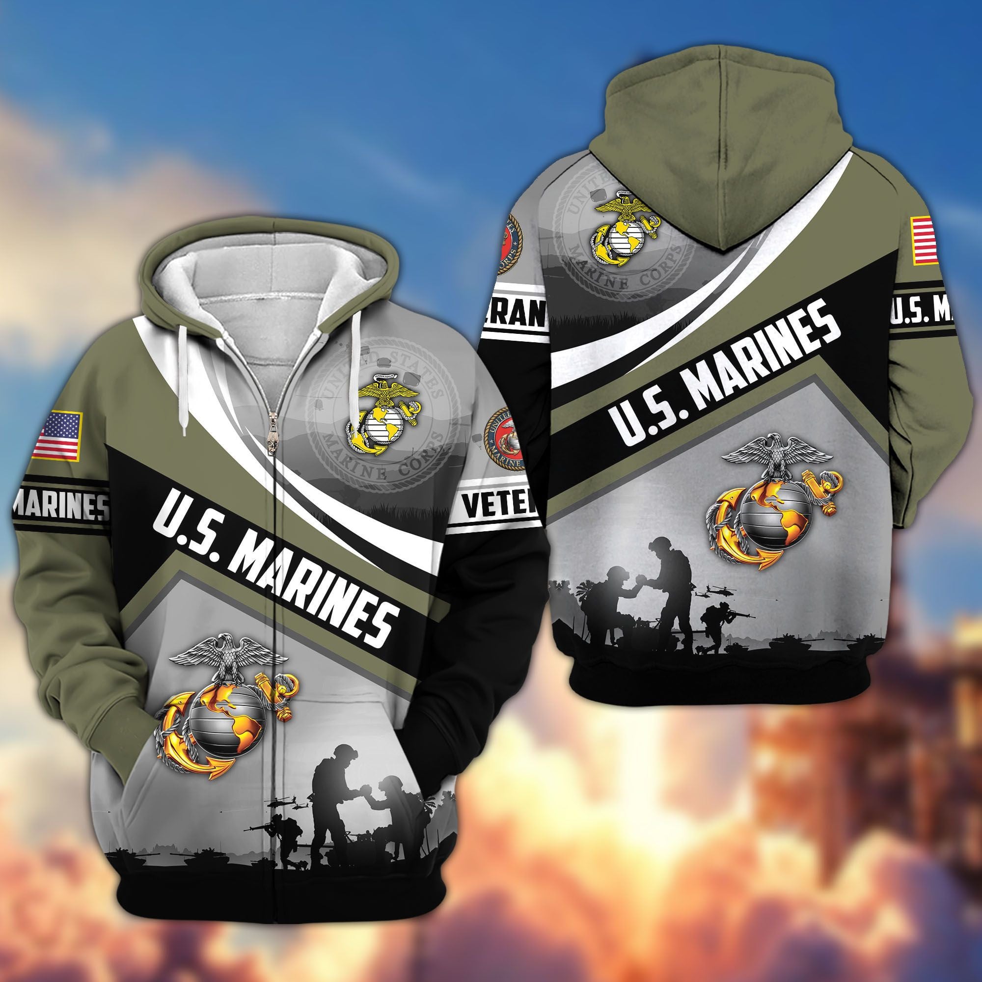 Premium US Veterans Zip Hoodie, Gifts For US Veterans, Gifts On Father's Day, Veterans Day.
