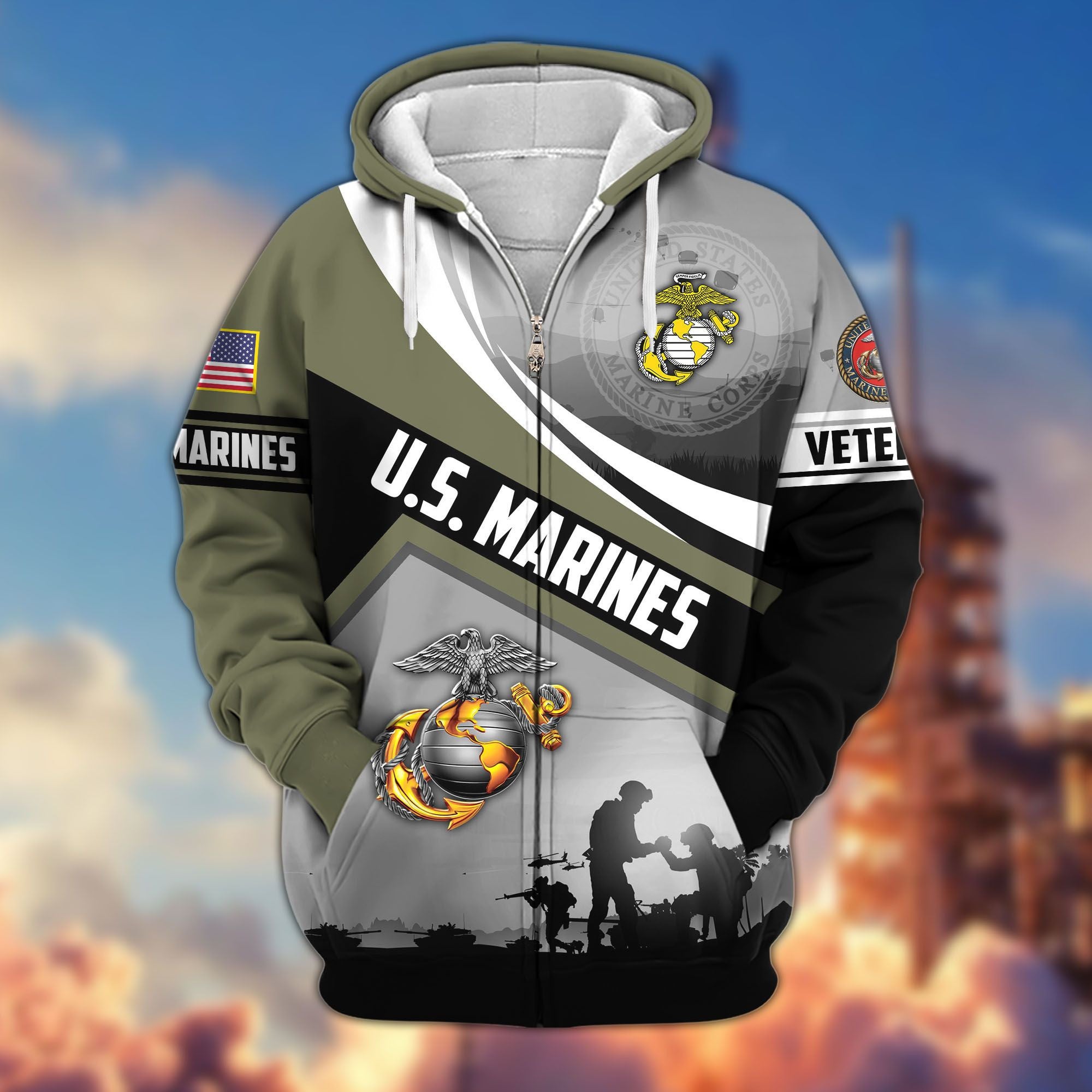 Premium US Veterans Zip Hoodie, Gifts For US Veterans, Gifts On Father's Day, Veterans Day.