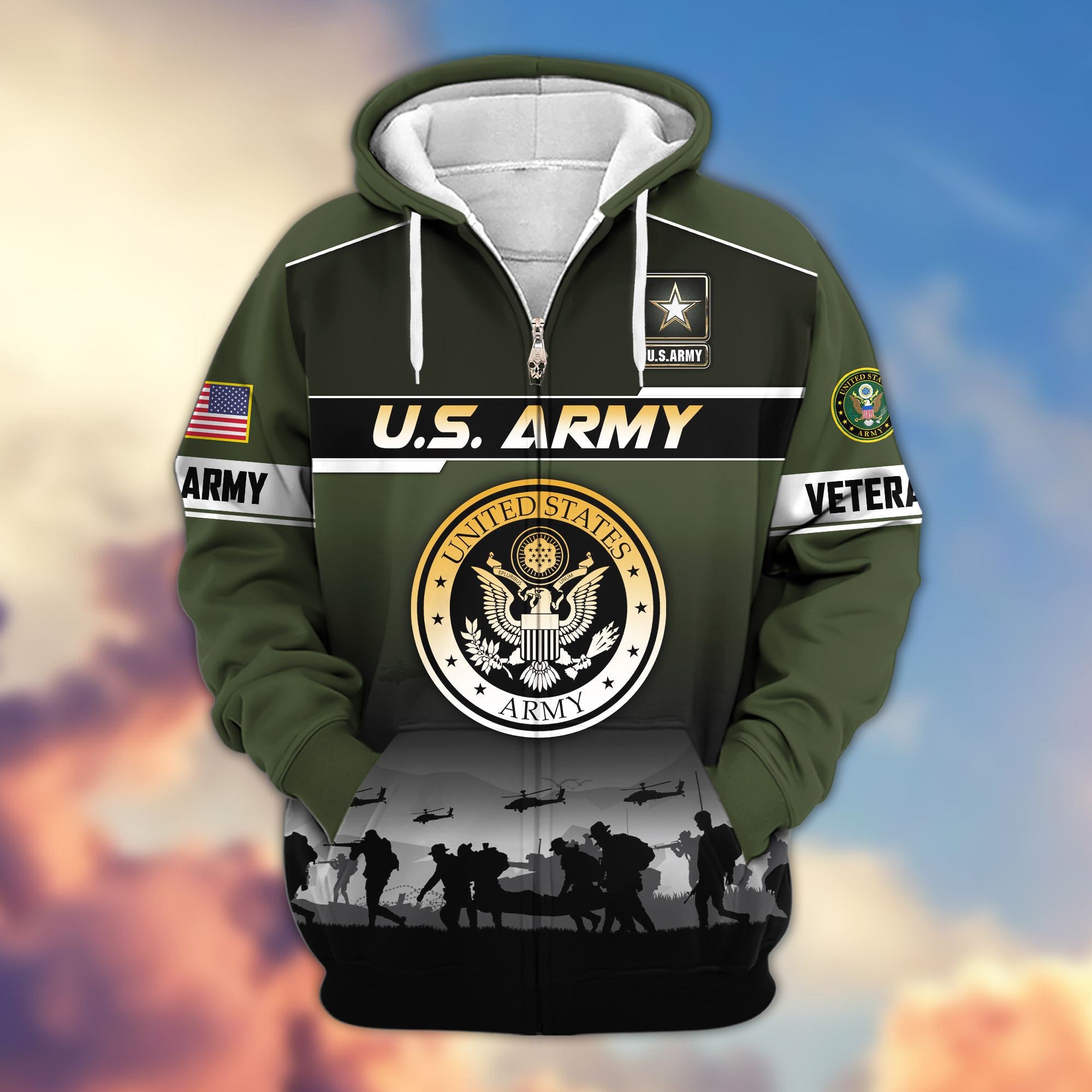 Premium US Veterans Zip Hoodie, Gifts For US Veterans, Gifts On Father's Day, Veterans Day.