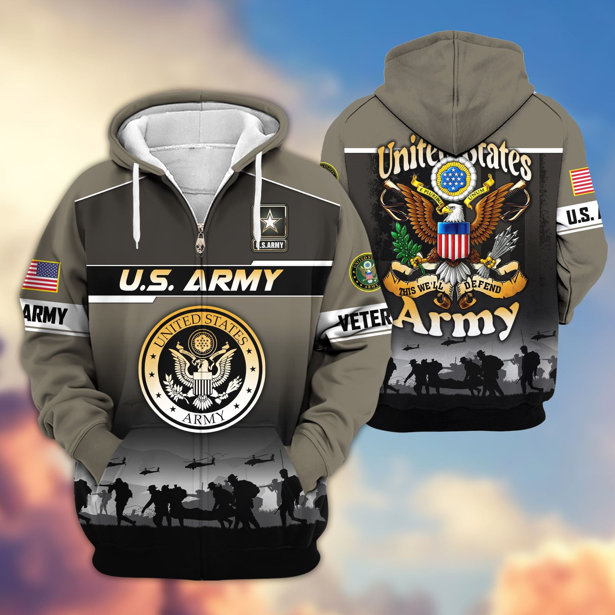 Premium US Veterans Zip Hoodie, Gifts For US Veterans, Gifts On Father's Day, Veterans Day.