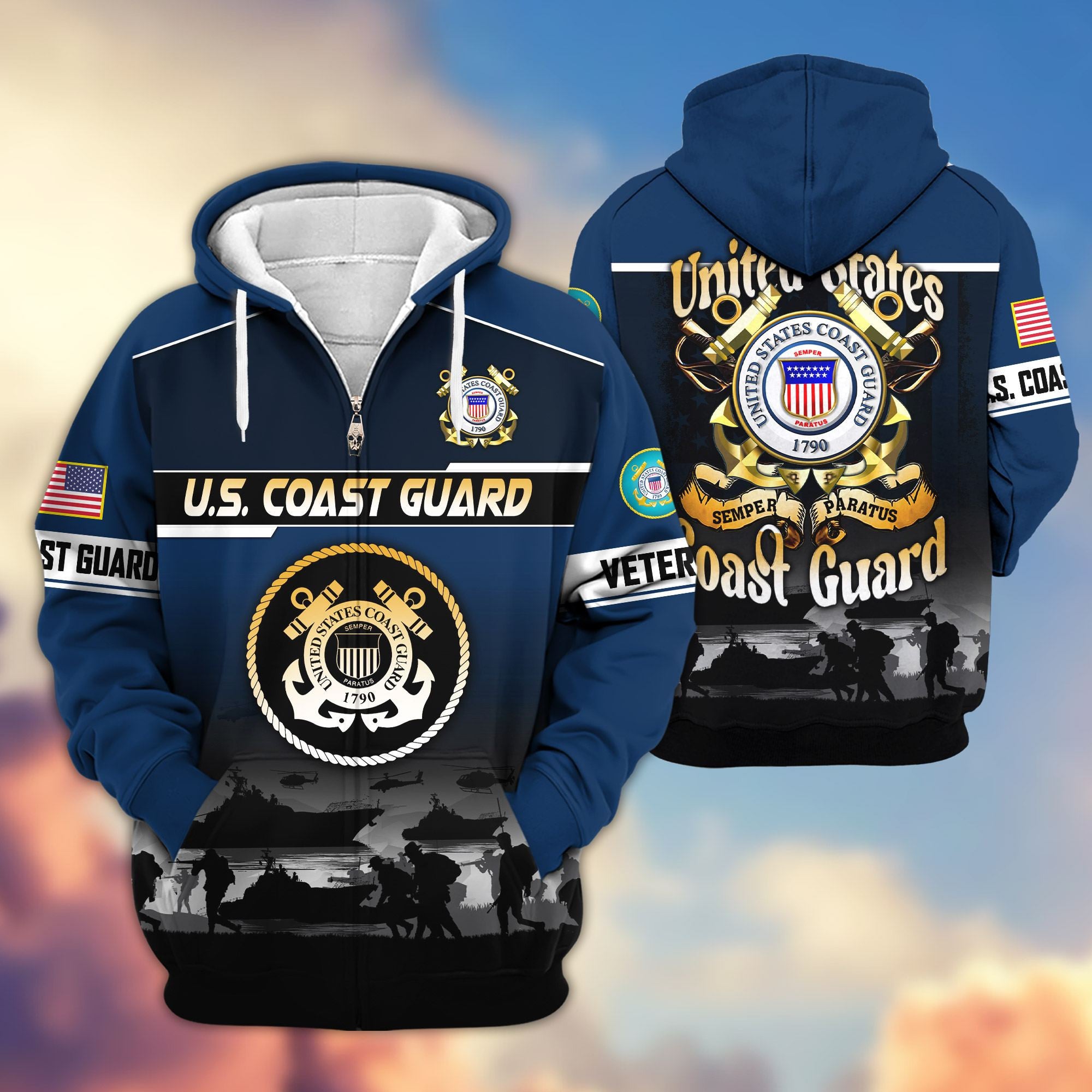 Premium US Veterans Zip Hoodie, Gifts For US Veterans, Gifts On Father's Day, Veterans Day.