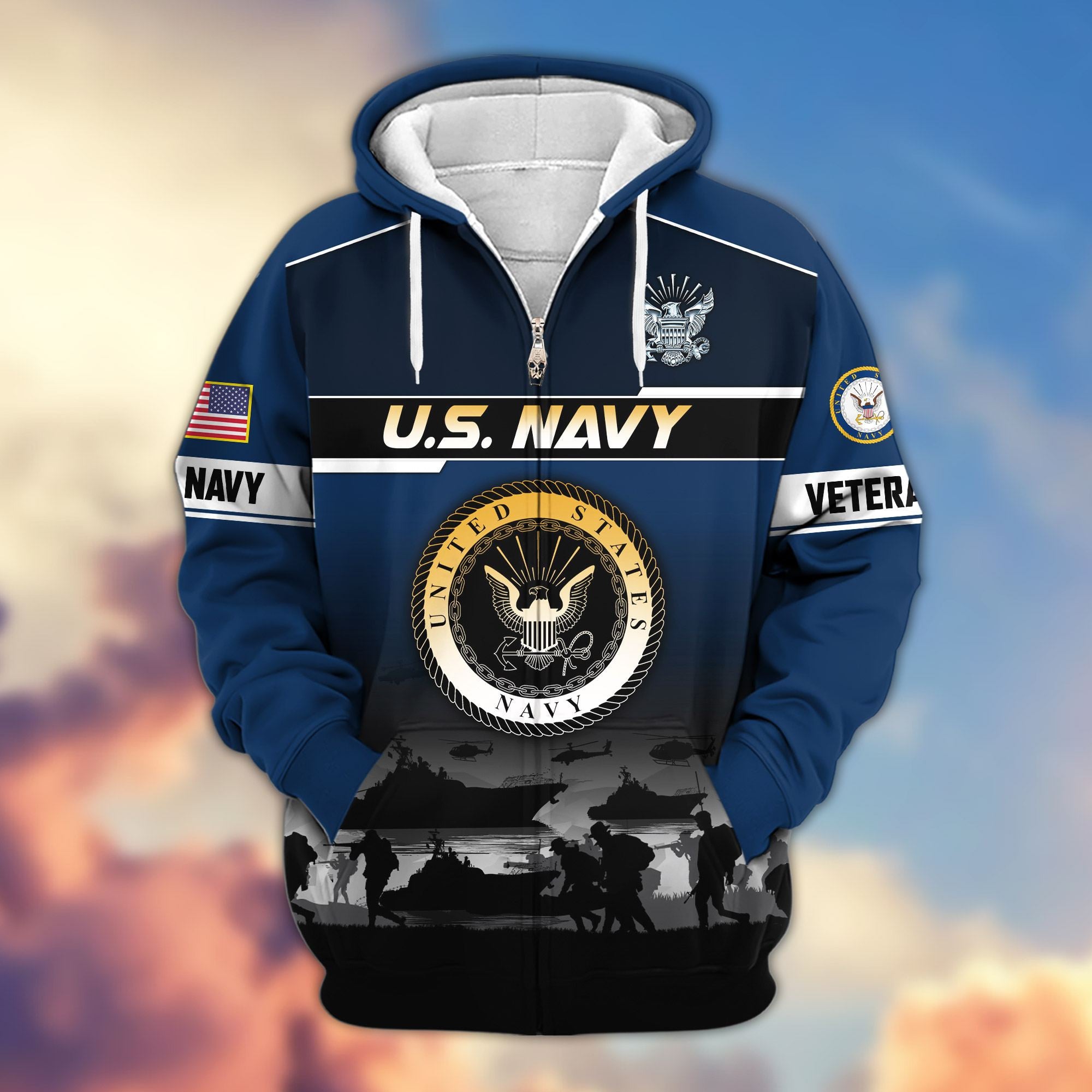 Premium US Veterans Zip Hoodie, Gifts For US Veterans, Gifts On Father's Day, Veterans Day.