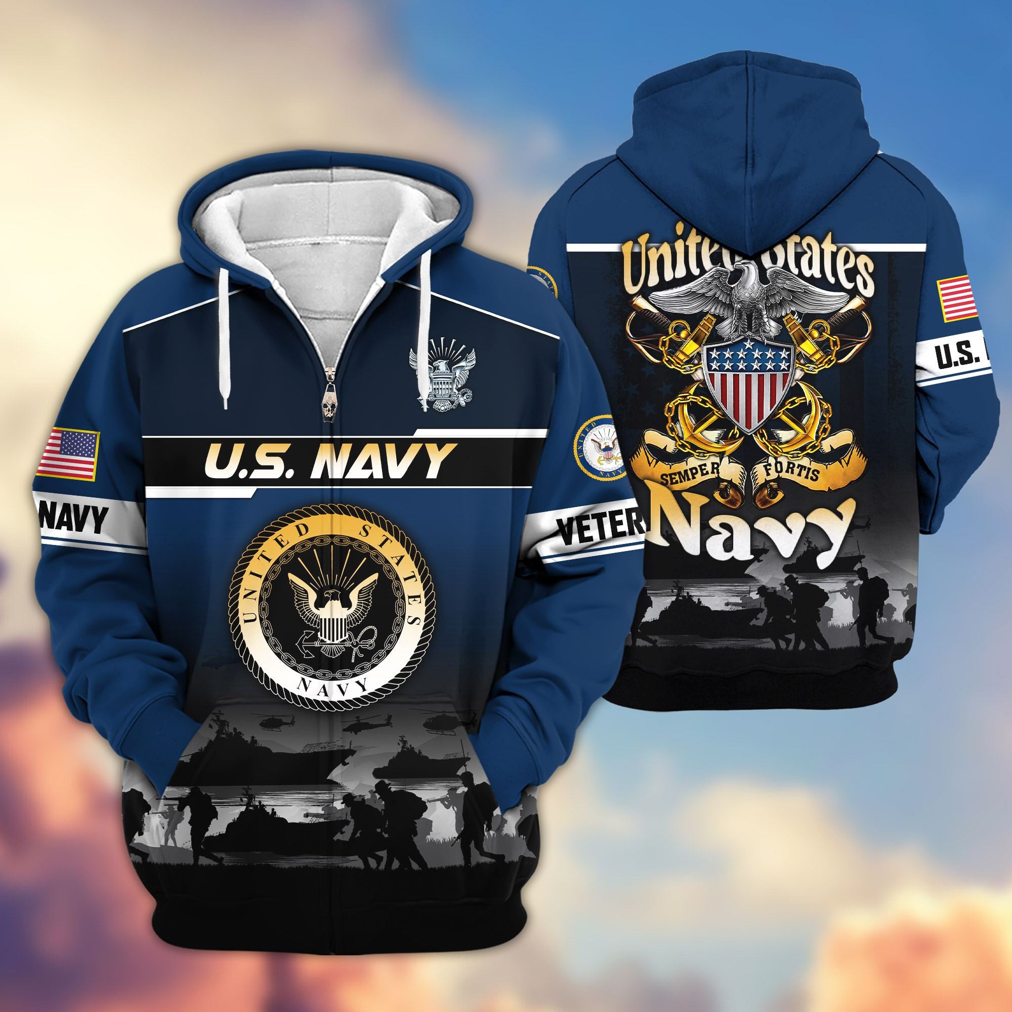 Premium US Veterans Zip Hoodie, Gifts For US Veterans, Gifts On Father's Day, Veterans Day.