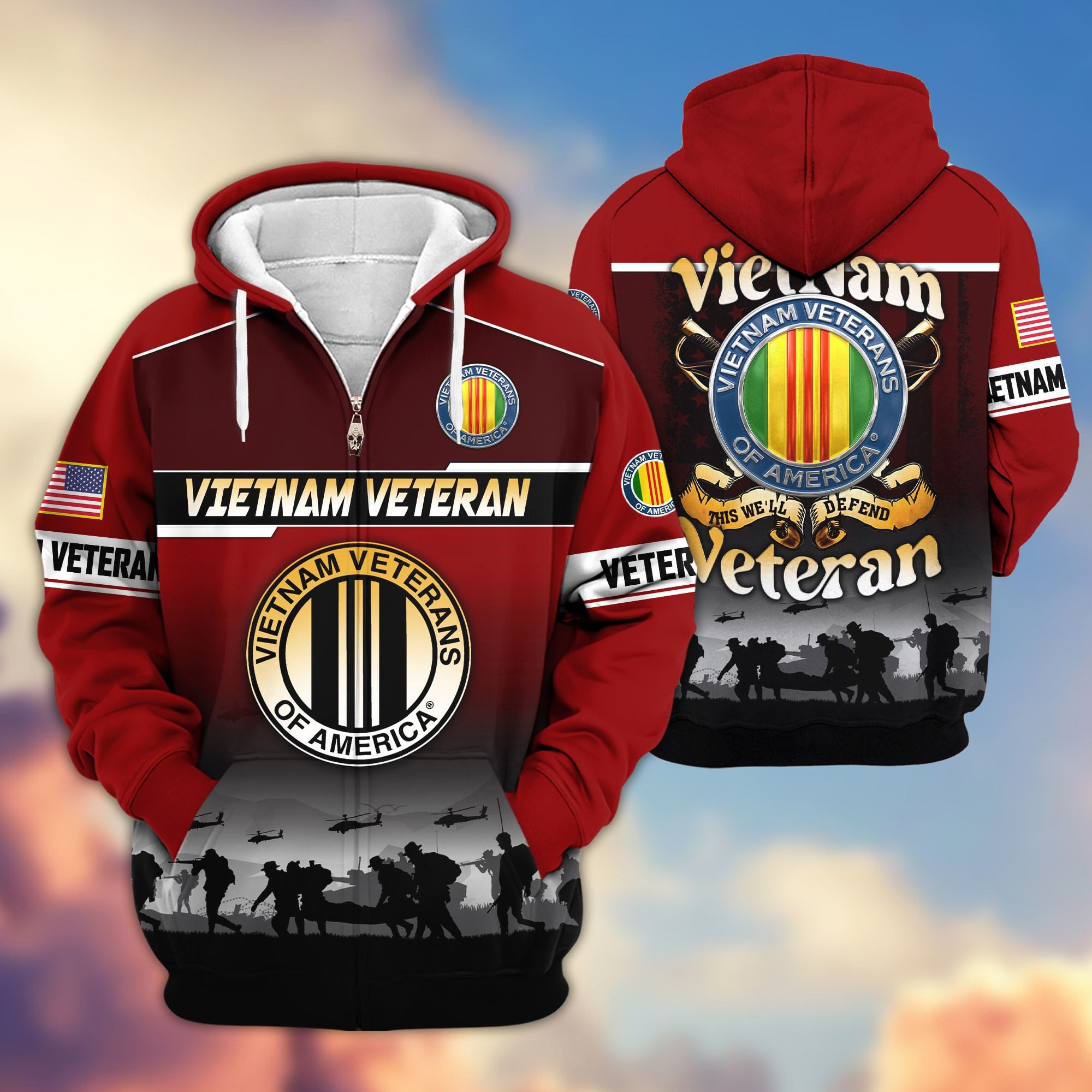 Premium US Veterans Zip Hoodie, Gifts For US Veterans, Gifts On Father's Day, Veterans Day.