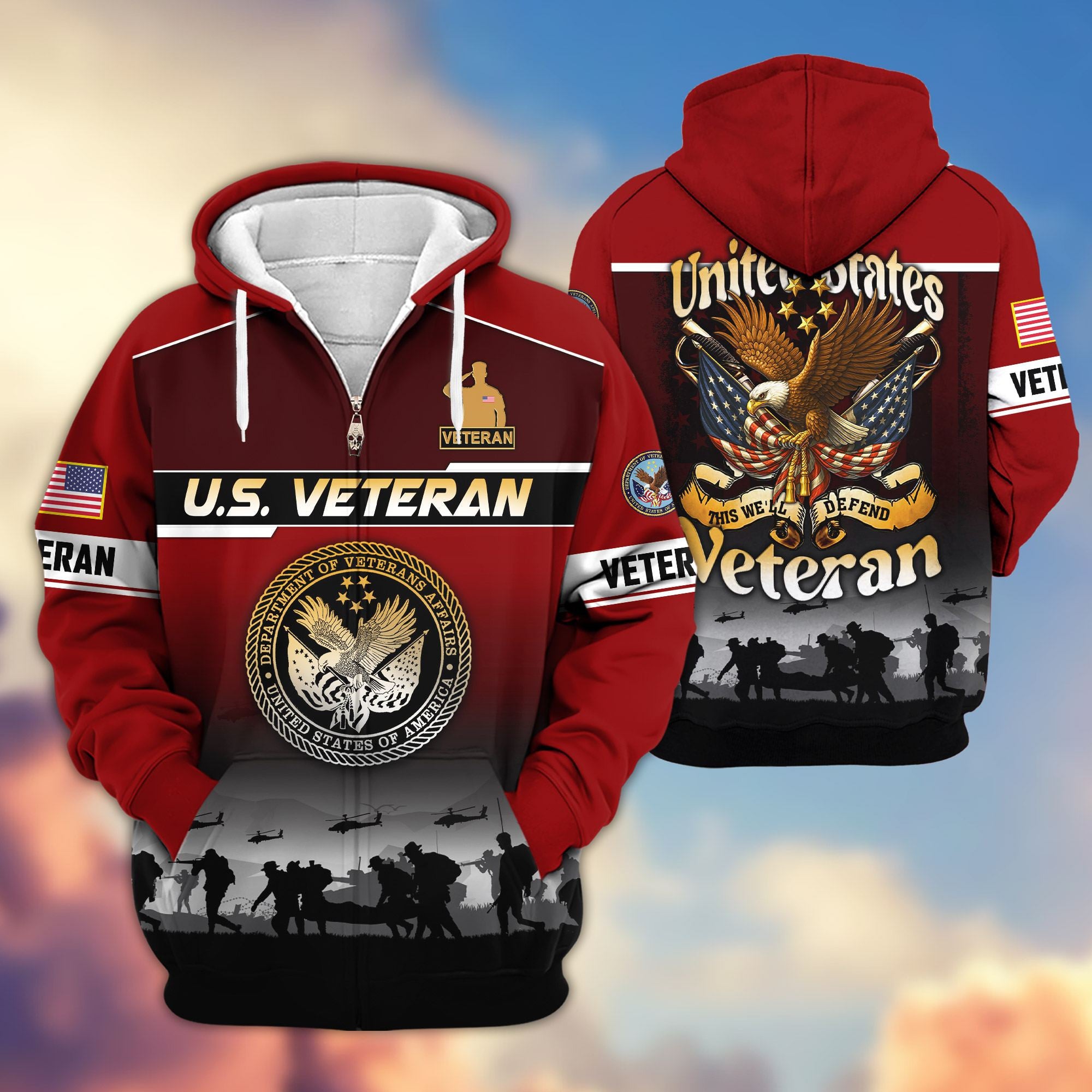 Premium US Veterans Zip Hoodie, Gifts For US Veterans, Gifts On Father's Day, Veterans Day.