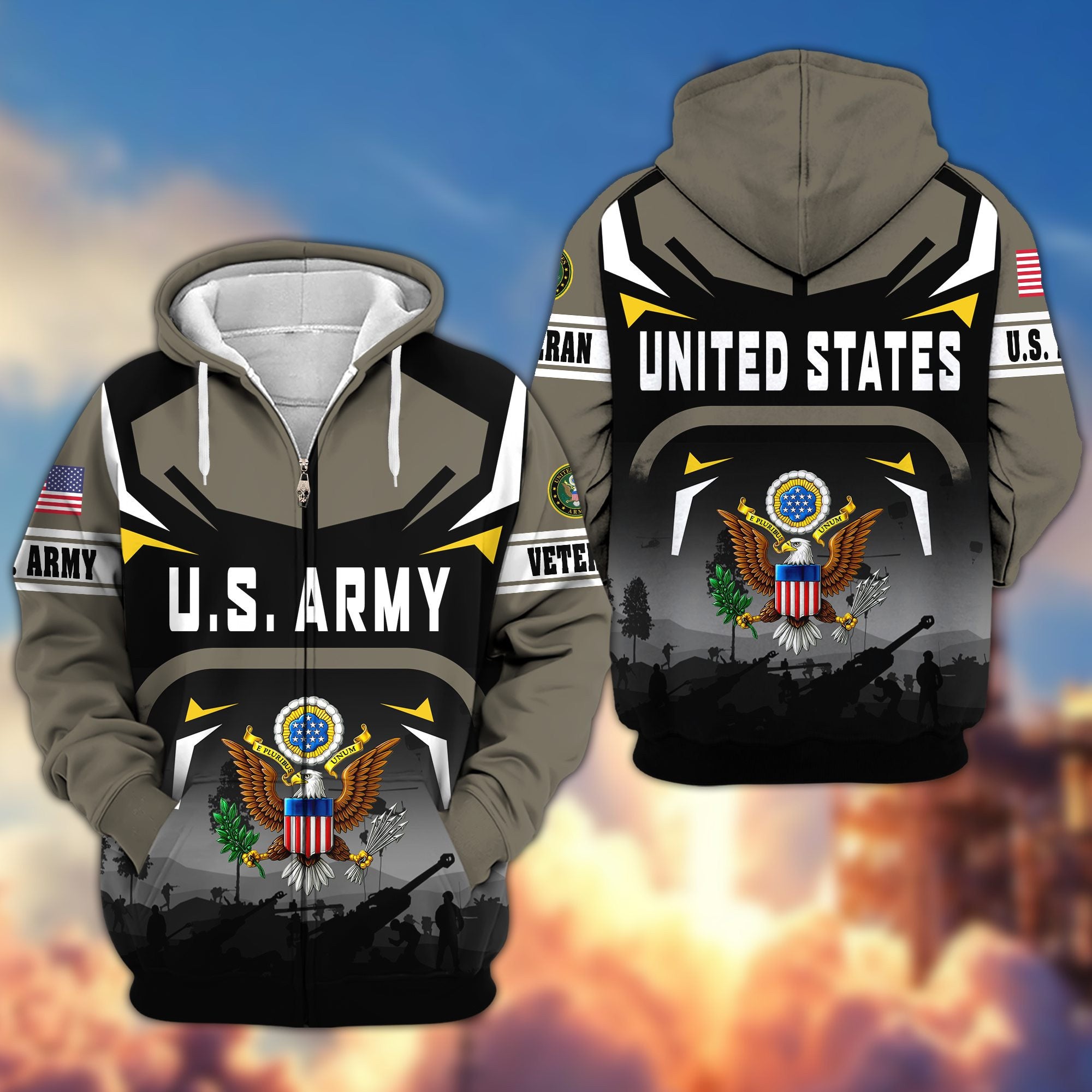 Premium US Veterans Zip Hoodie, Gifts For US Veterans, Gifts On Father's Day, Veterans Day.