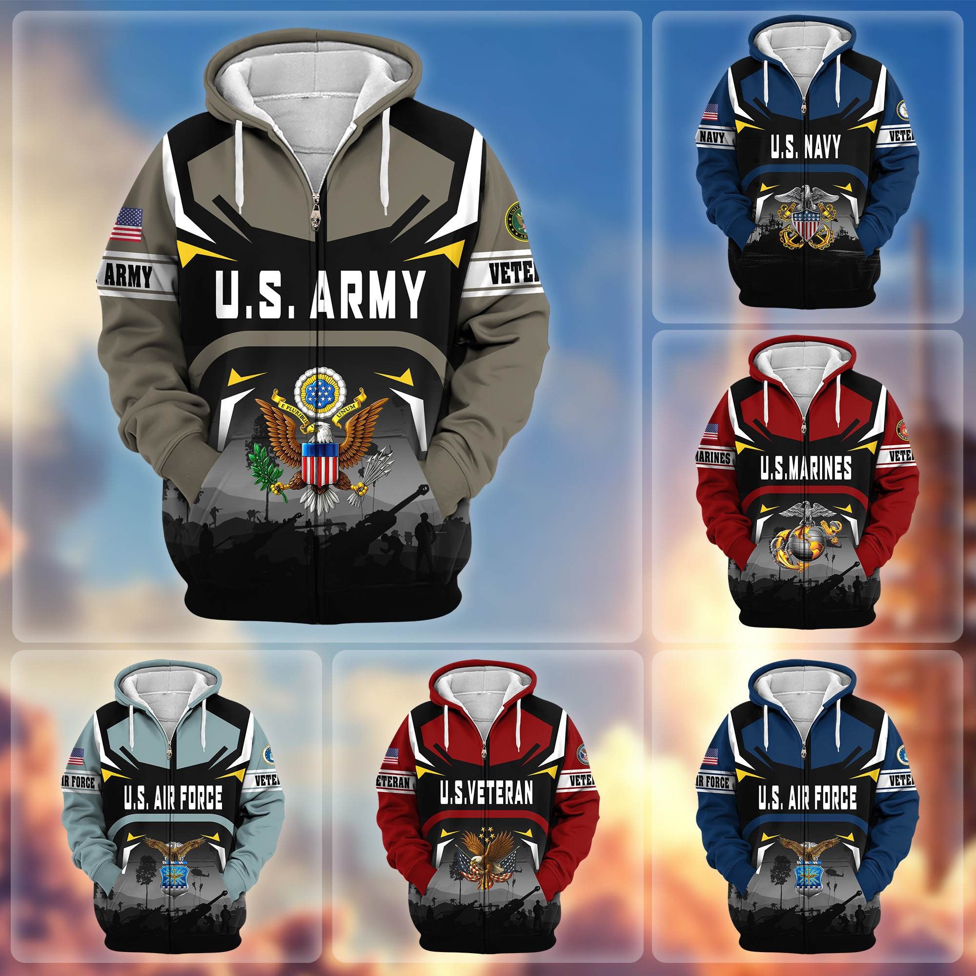 Premium US Veterans Zip Hoodie, Gifts For US Veterans, Gifts On Father's Day, Veterans Day.