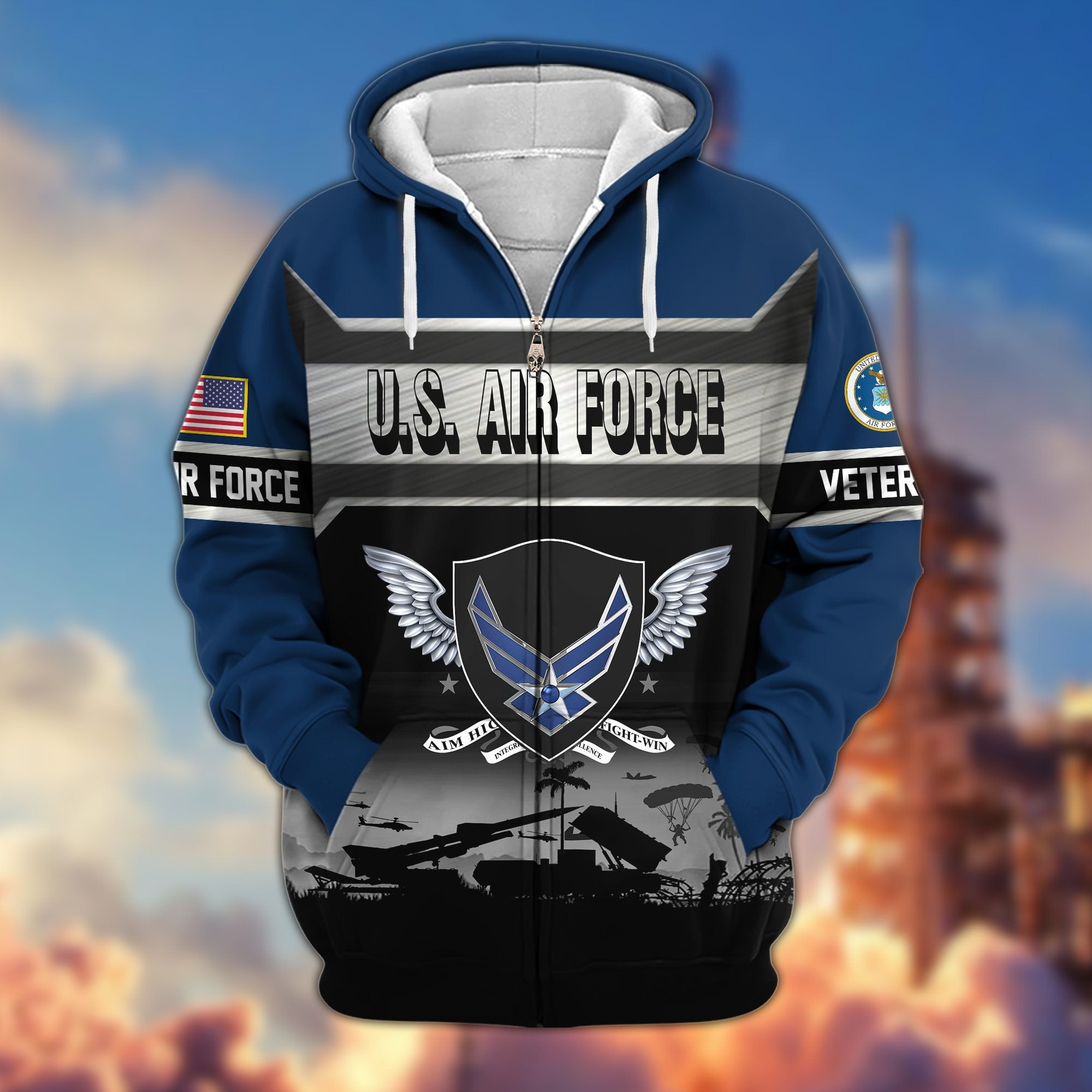 Premium US Veterans Zip Hoodie, Gifts For US Veterans, Gifts On Father's Day, Veterans Day.