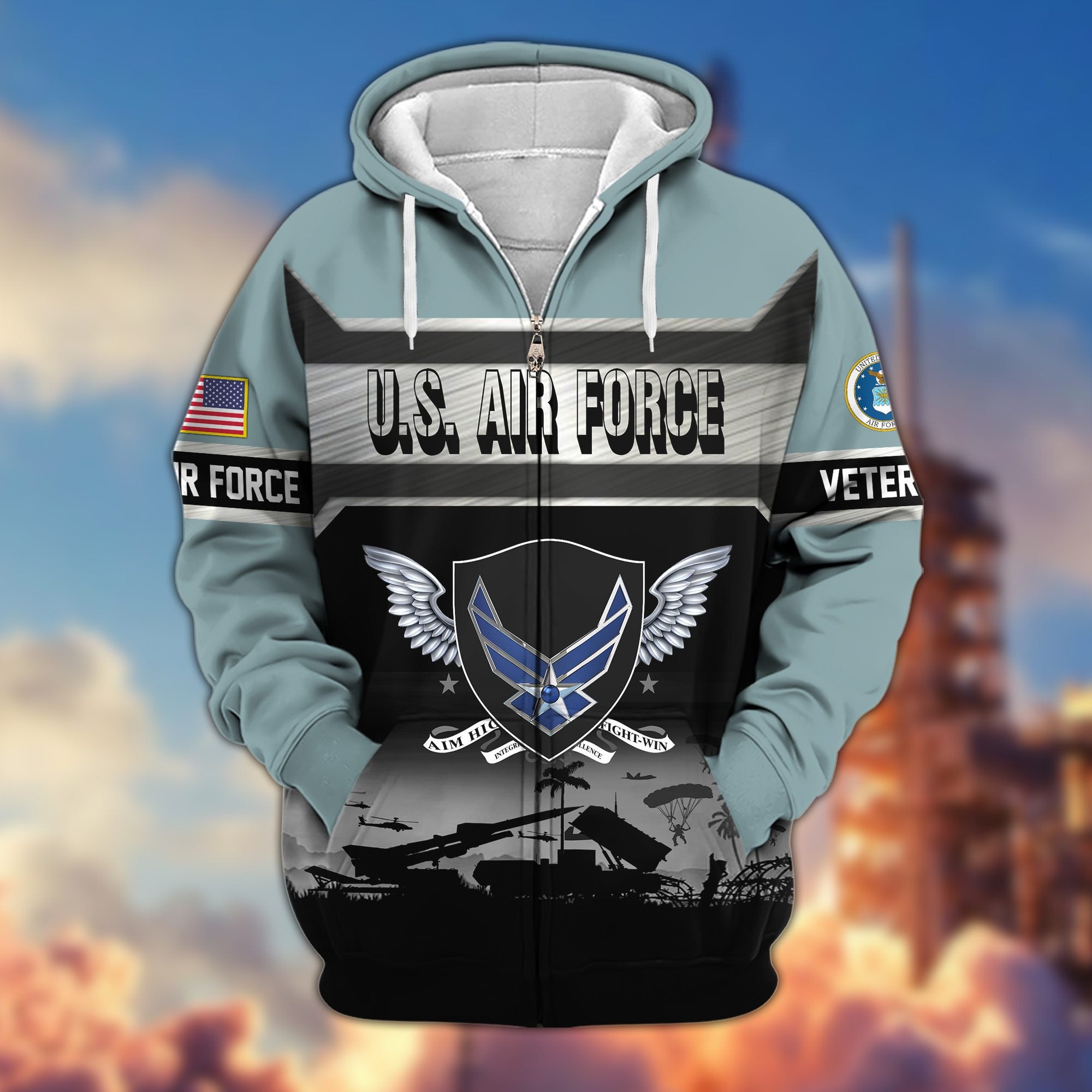 Premium US Veterans Zip Hoodie, Gifts For US Veterans, Gifts On Father's Day, Veterans Day.