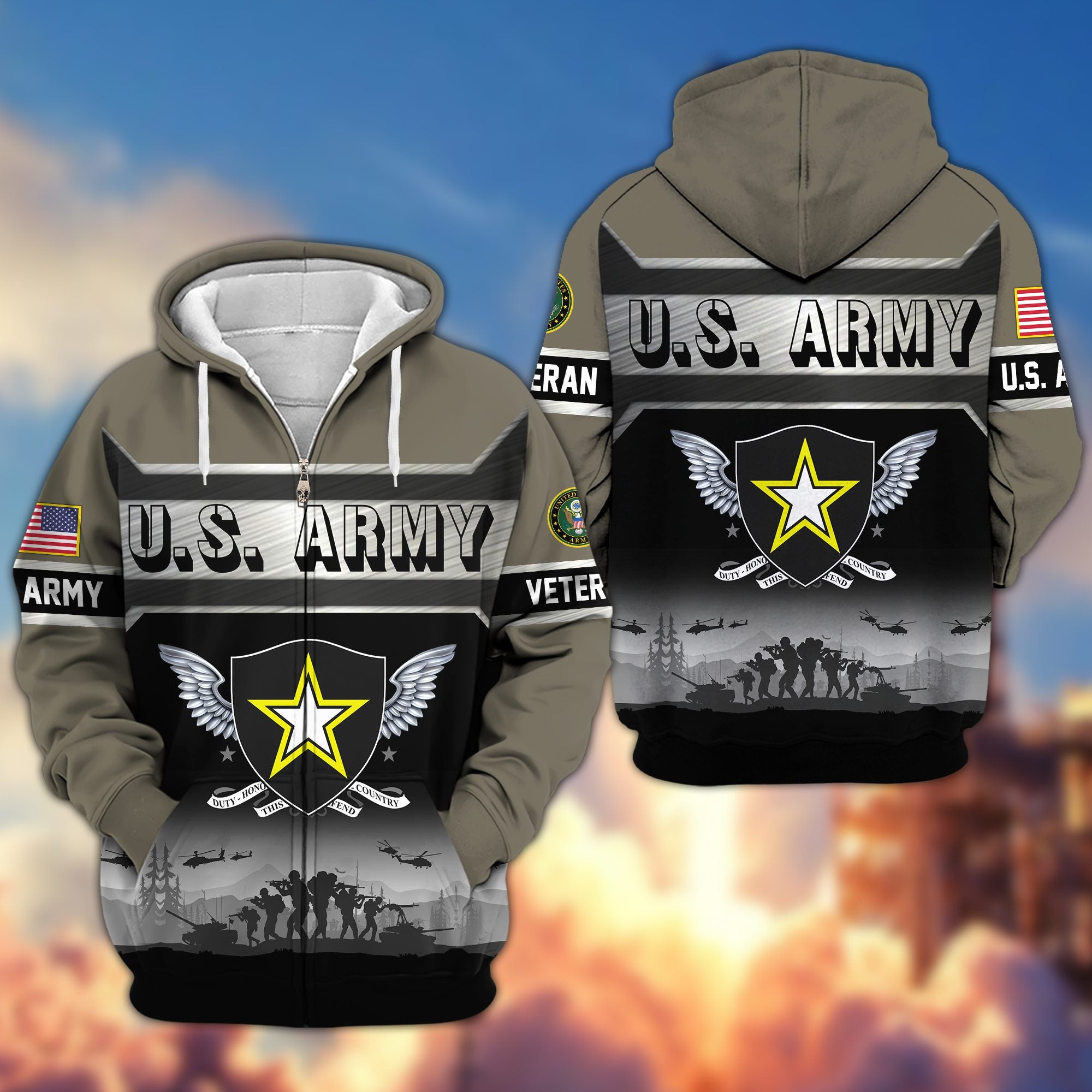 Premium US Veterans Zip Hoodie, Gifts For US Veterans, Gifts On Father's Day, Veterans Day.