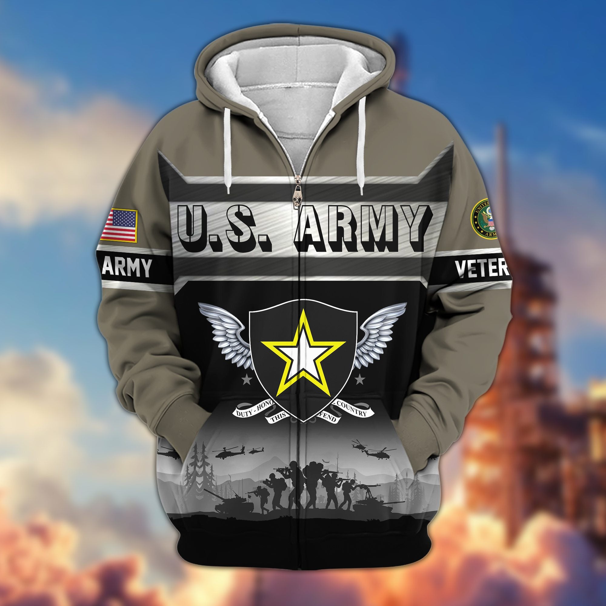 Premium US Veterans Zip Hoodie, Gifts For US Veterans, Gifts On Father's Day, Veterans Day.