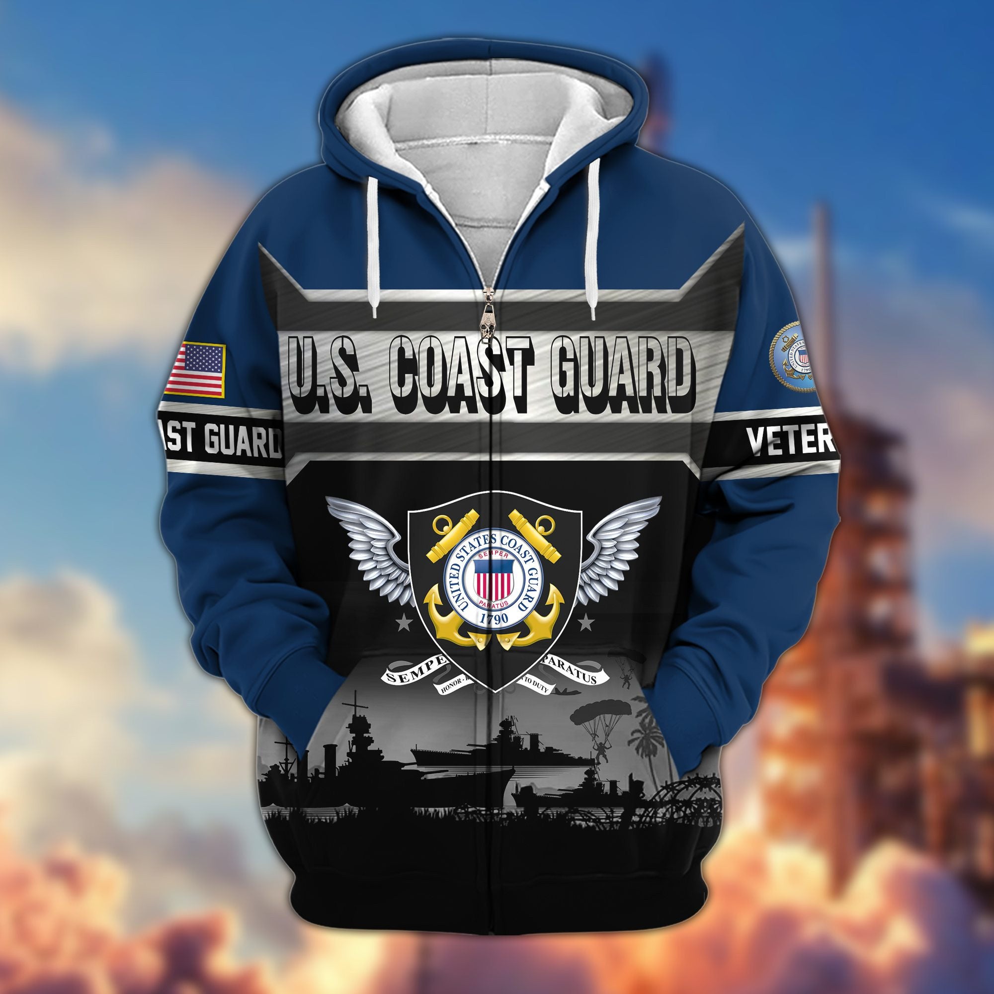 Premium US Veterans Zip Hoodie, Gifts For US Veterans, Gifts On Father's Day, Veterans Day.