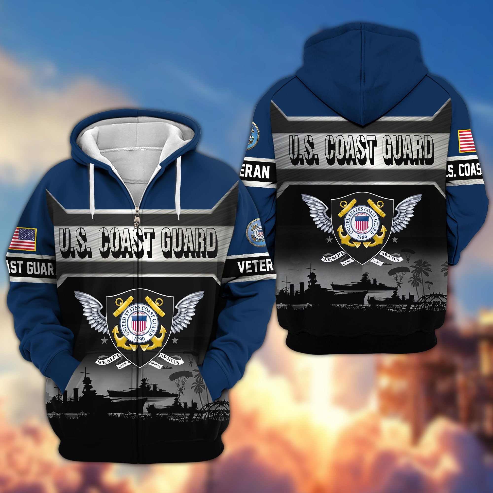 Premium US Veterans Zip Hoodie, Gifts For US Veterans, Gifts On Father's Day, Veterans Day.