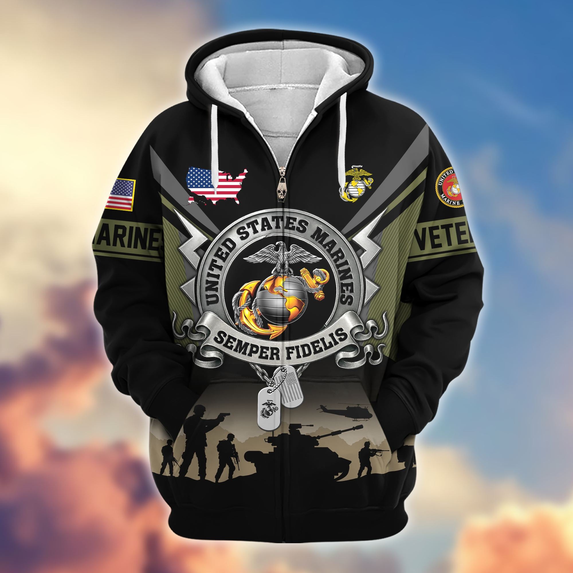 Premium US Veterans Zip Hoodie, Gifts For US Veterans, Gifts On Father's Day, Veterans Day.
