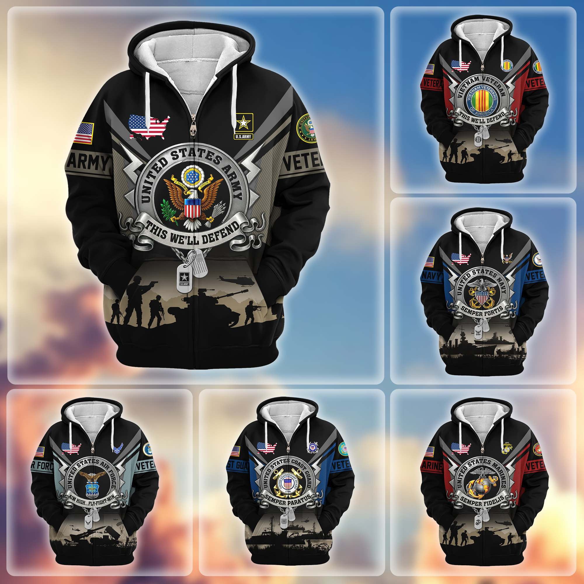 Premium US Veterans Zip Hoodie, Gifts For US Veterans, Gifts On Father's Day, Veterans Day.