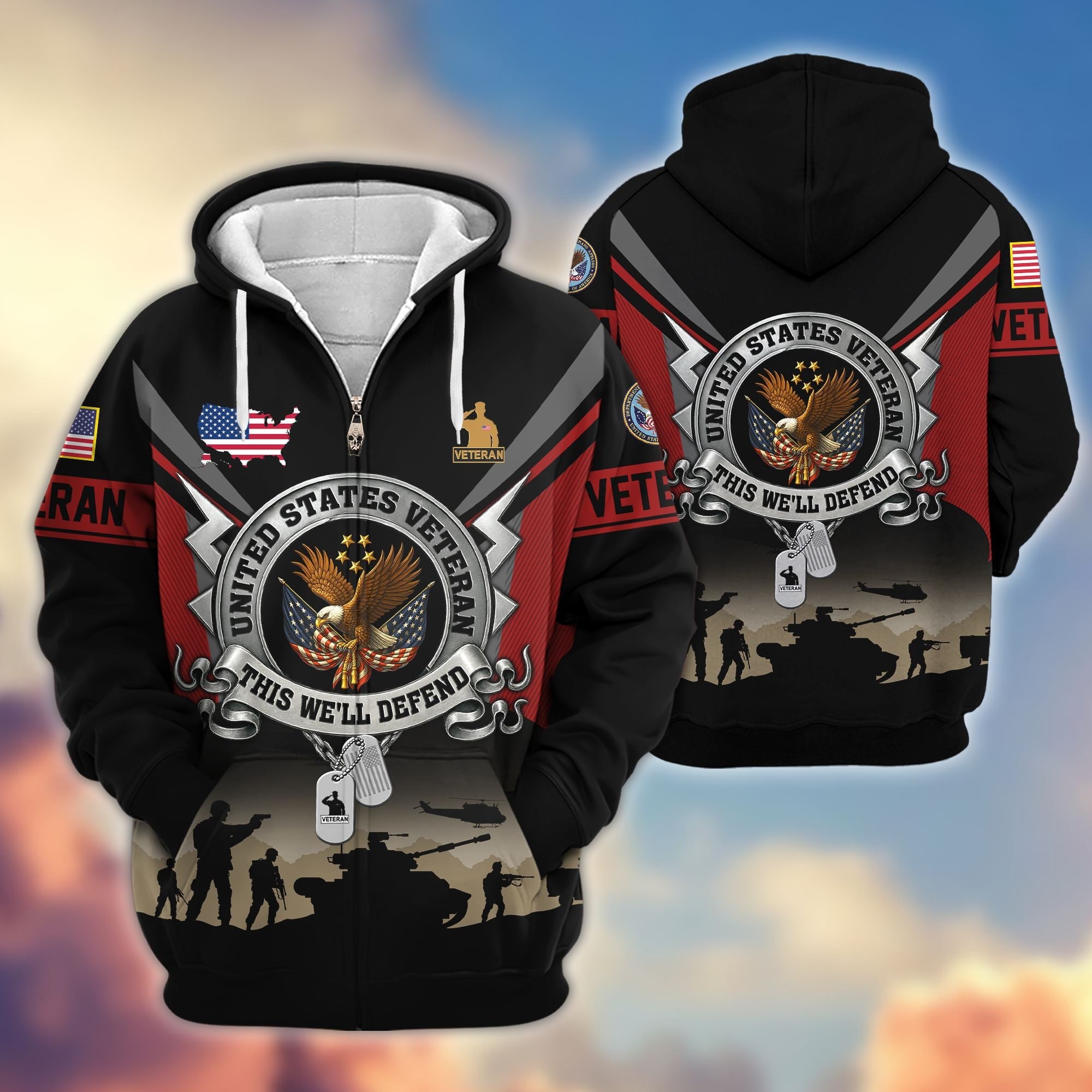 Premium US Veterans Zip Hoodie, Gifts For US Veterans, Gifts On Father's Day, Veterans Day.