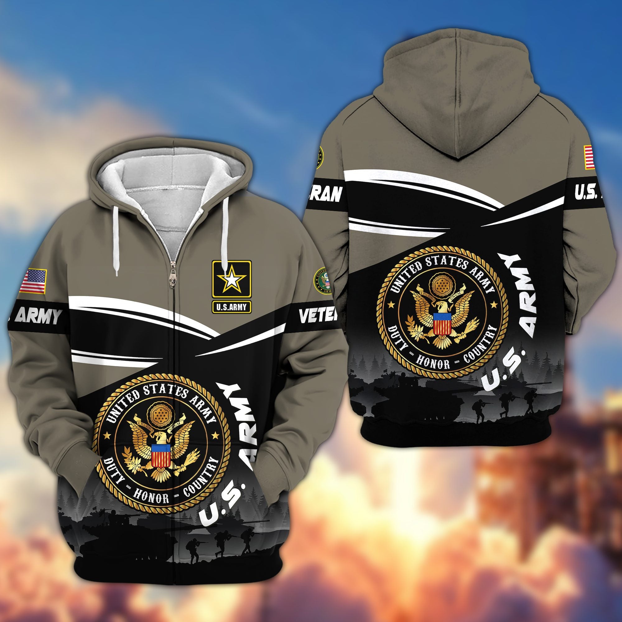 Premium US Veterans Zip Hoodie, Gifts For US Veterans, Gifts On Father's Day, Veterans Day.