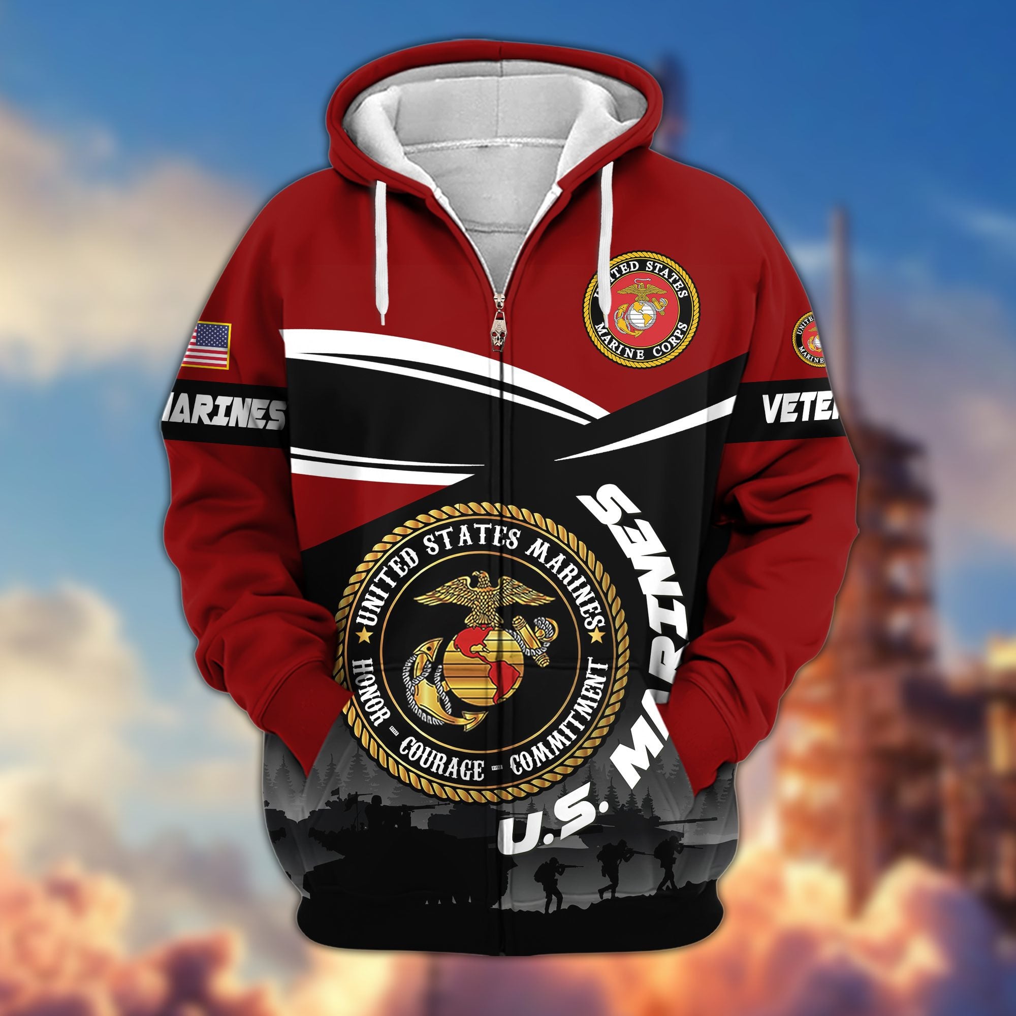 Premium US Veterans Zip Hoodie, Gifts For US Veterans, Gifts On Father's Day, Veterans Day.