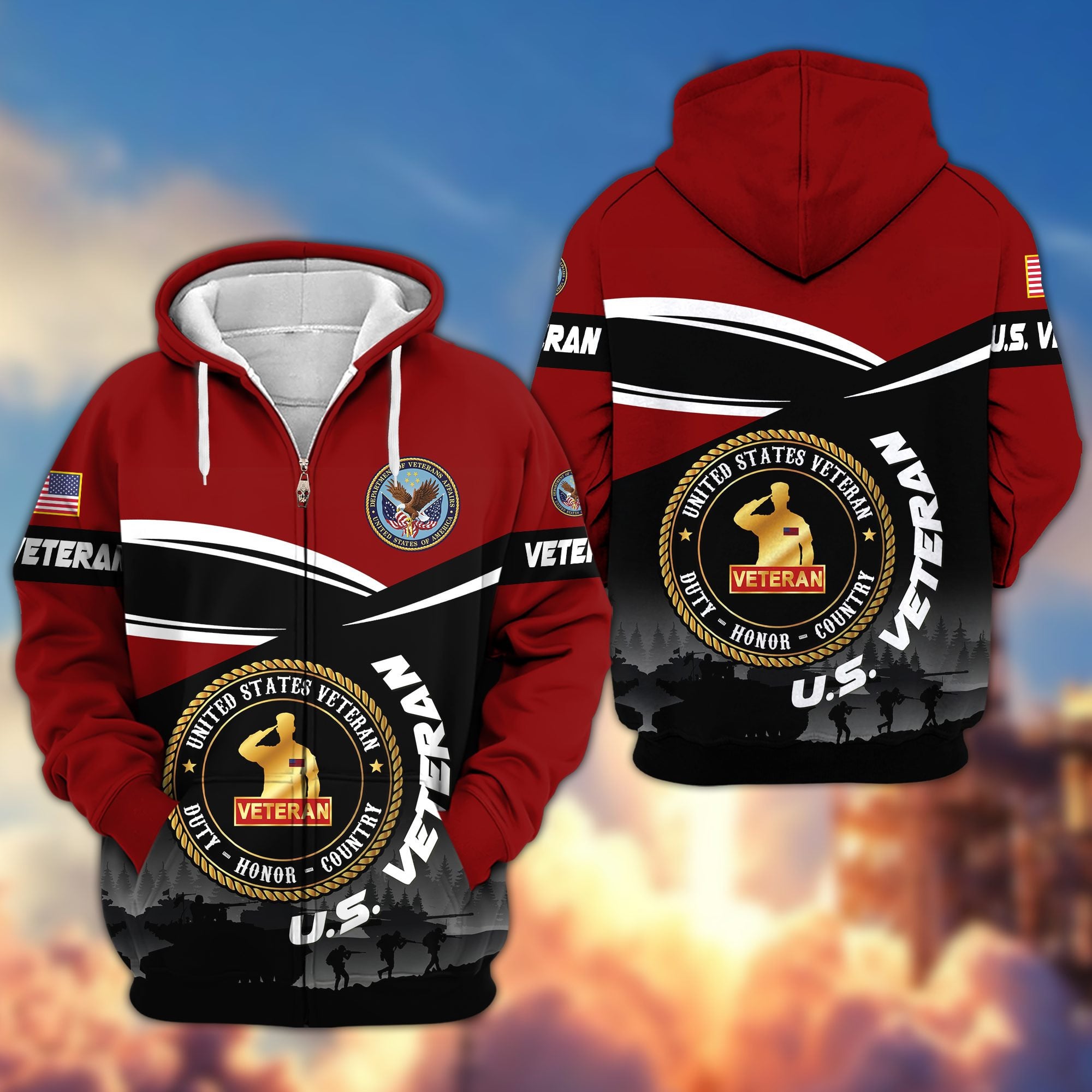 Premium US Veterans Zip Hoodie, Gifts For US Veterans, Gifts On Father's Day, Veterans Day.