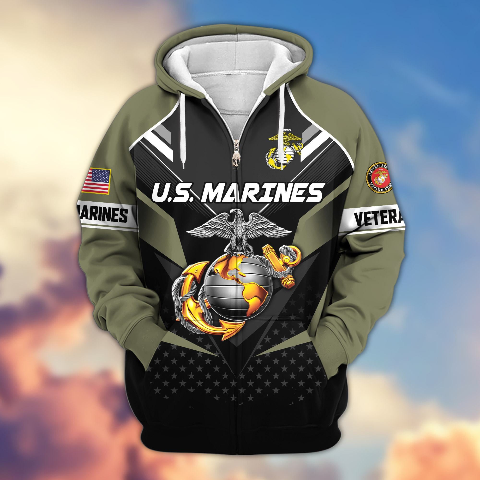 Premium US Veterans Zip Hoodie, Gifts For US Veterans, Gifts On Father's Day, Veterans Day.